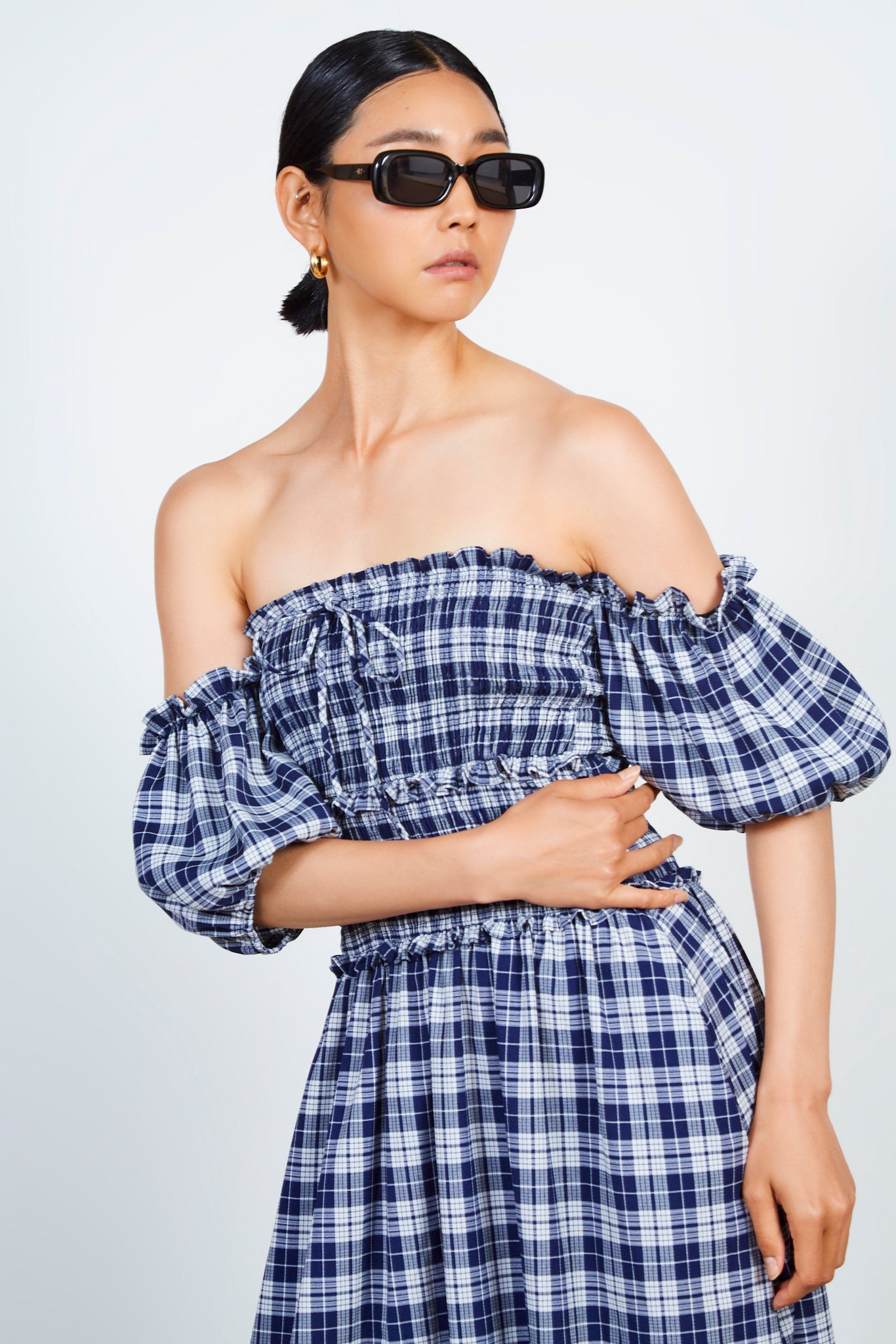 Navy and white giant check ruched bodice dress_3
