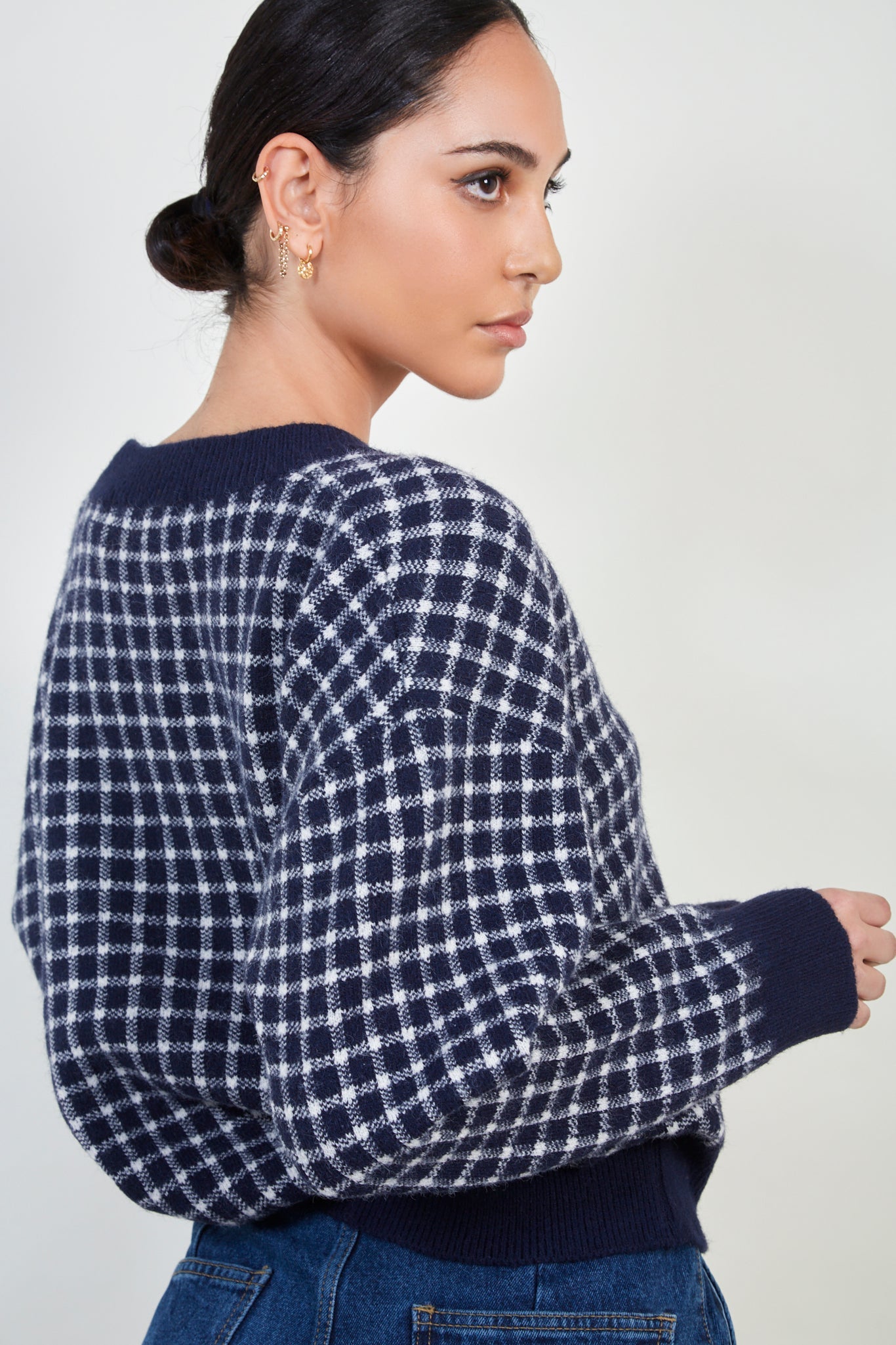 Navy and white gingham check cardigan_2