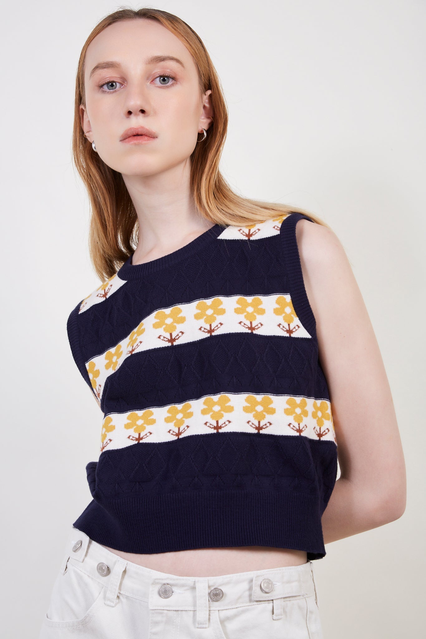 Navy and yellow bold floral sweater vest_2