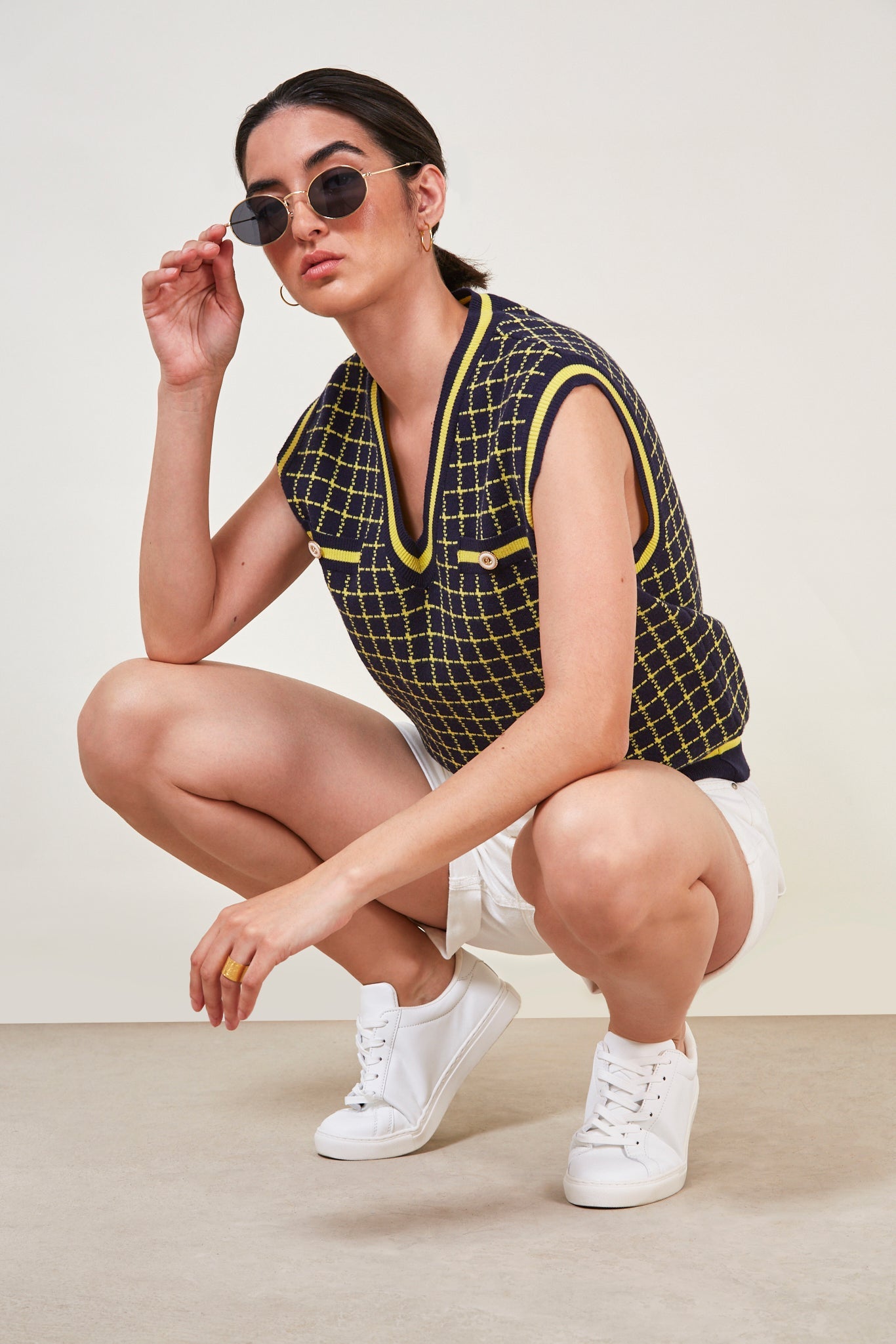 Navy and yellow box check sweater vest_2