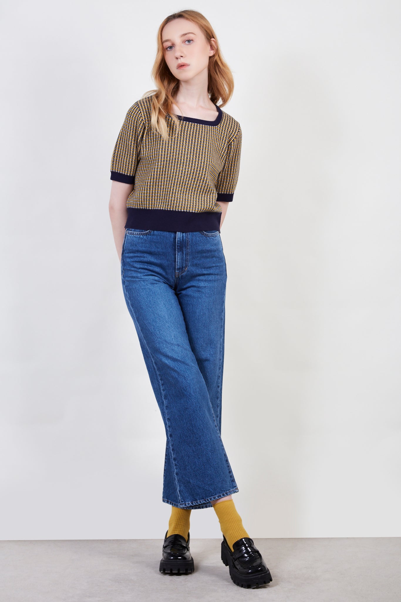 Navy and yellow dots knit tee_2