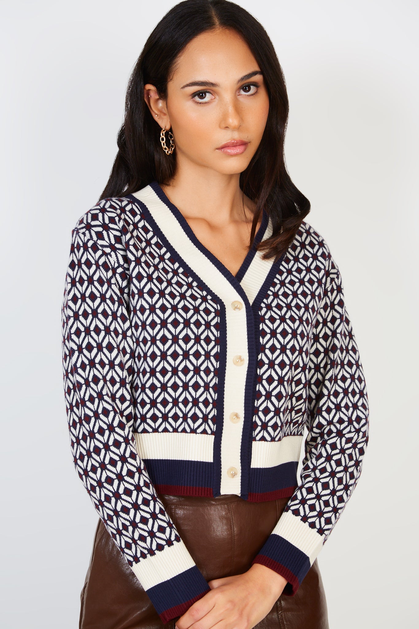 Navy blue graphic ivory trim cardigan_1