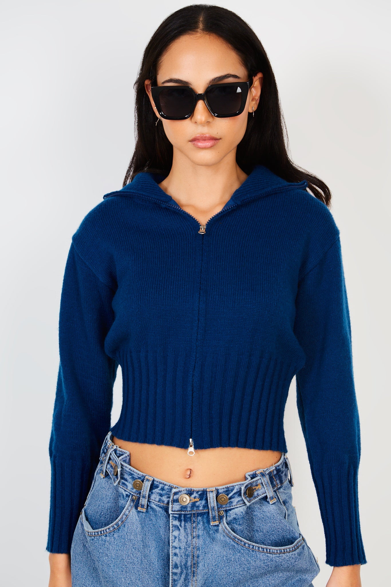 Navy blue high neck double zip cardigan_1