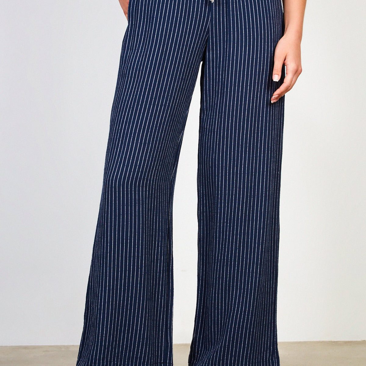 DKNY Women's Navy Pinstripe Pull-On Pants | Tie Waist Comfort For Work & Casual Wear