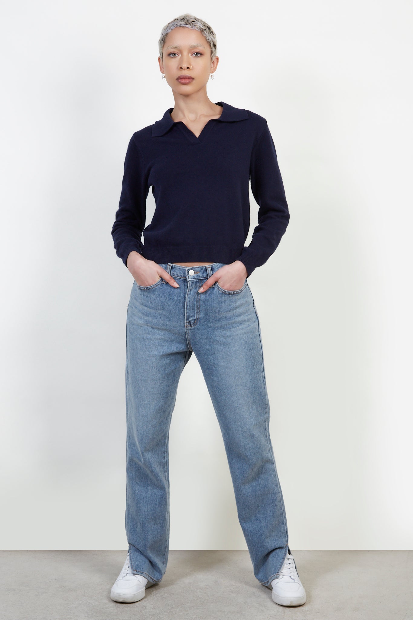 Navy blue polo knit top_6