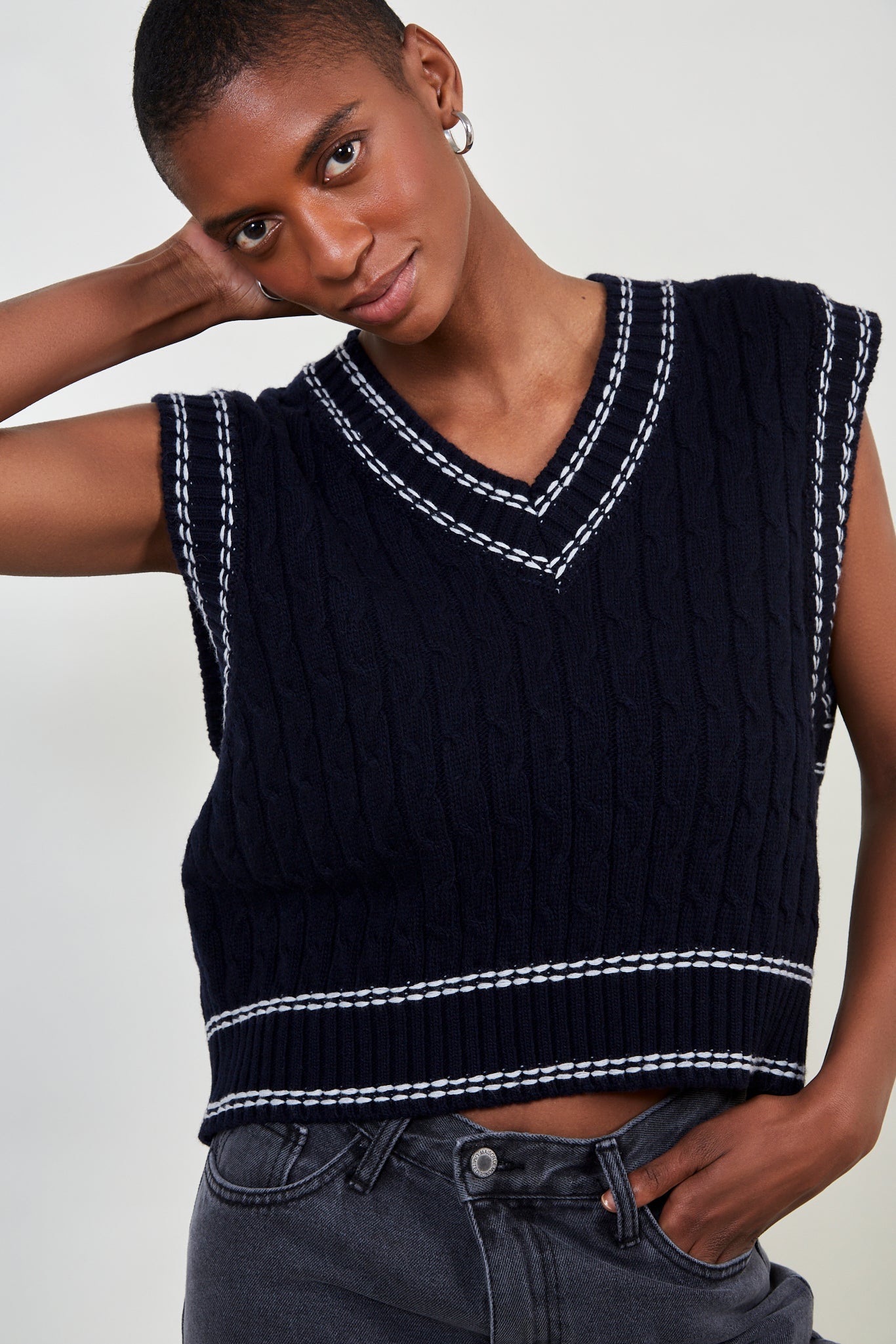 Navy dotted varsity trim sweater vest_1