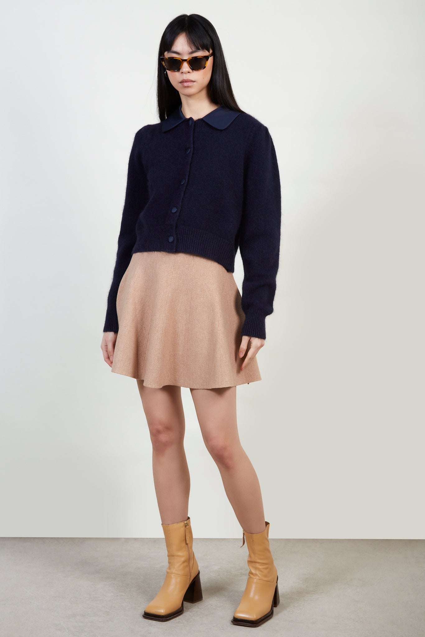 Navy silky collar angora cardigan_2