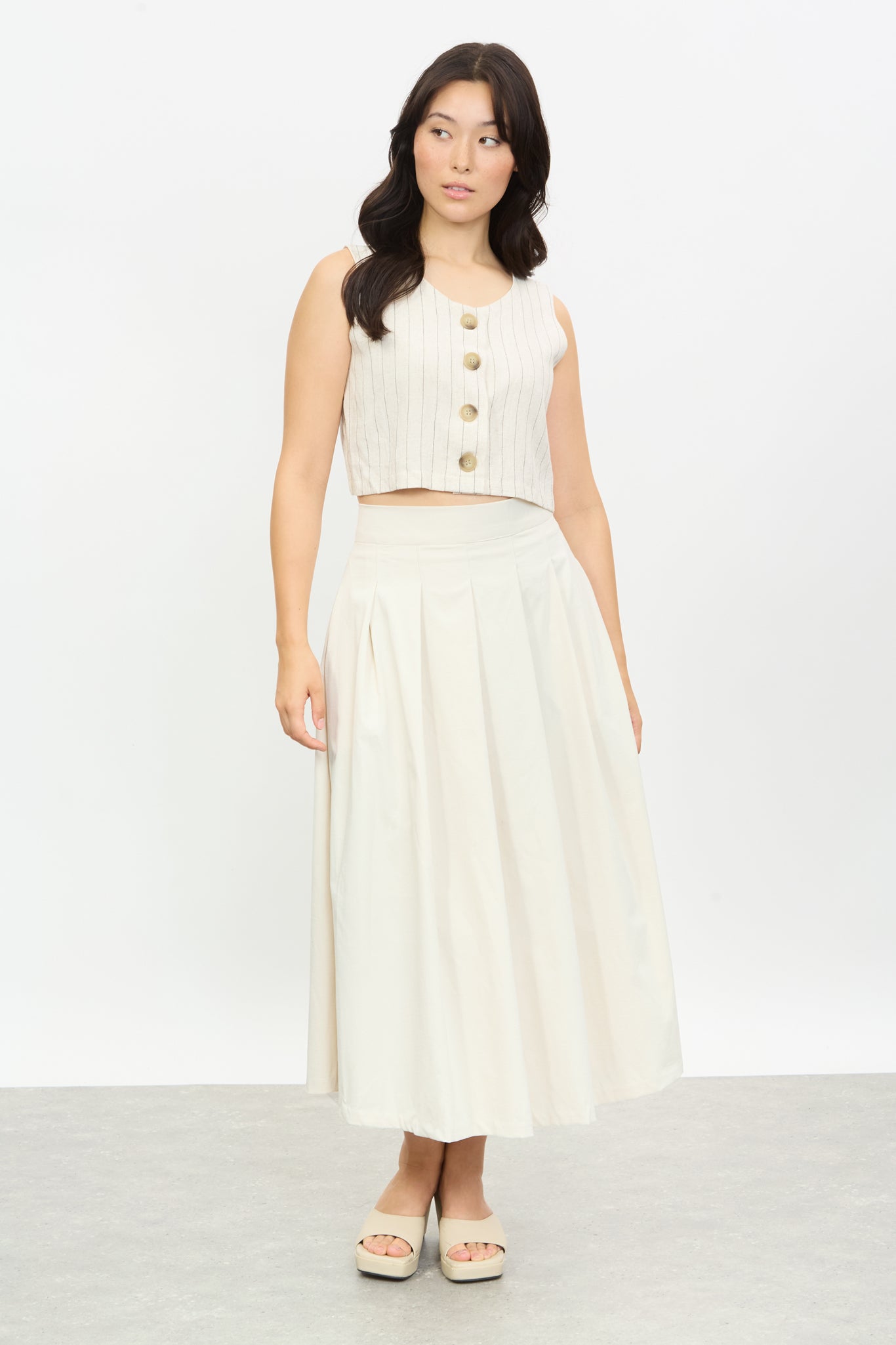 Oatmeal and black pinstripe button front tank_4