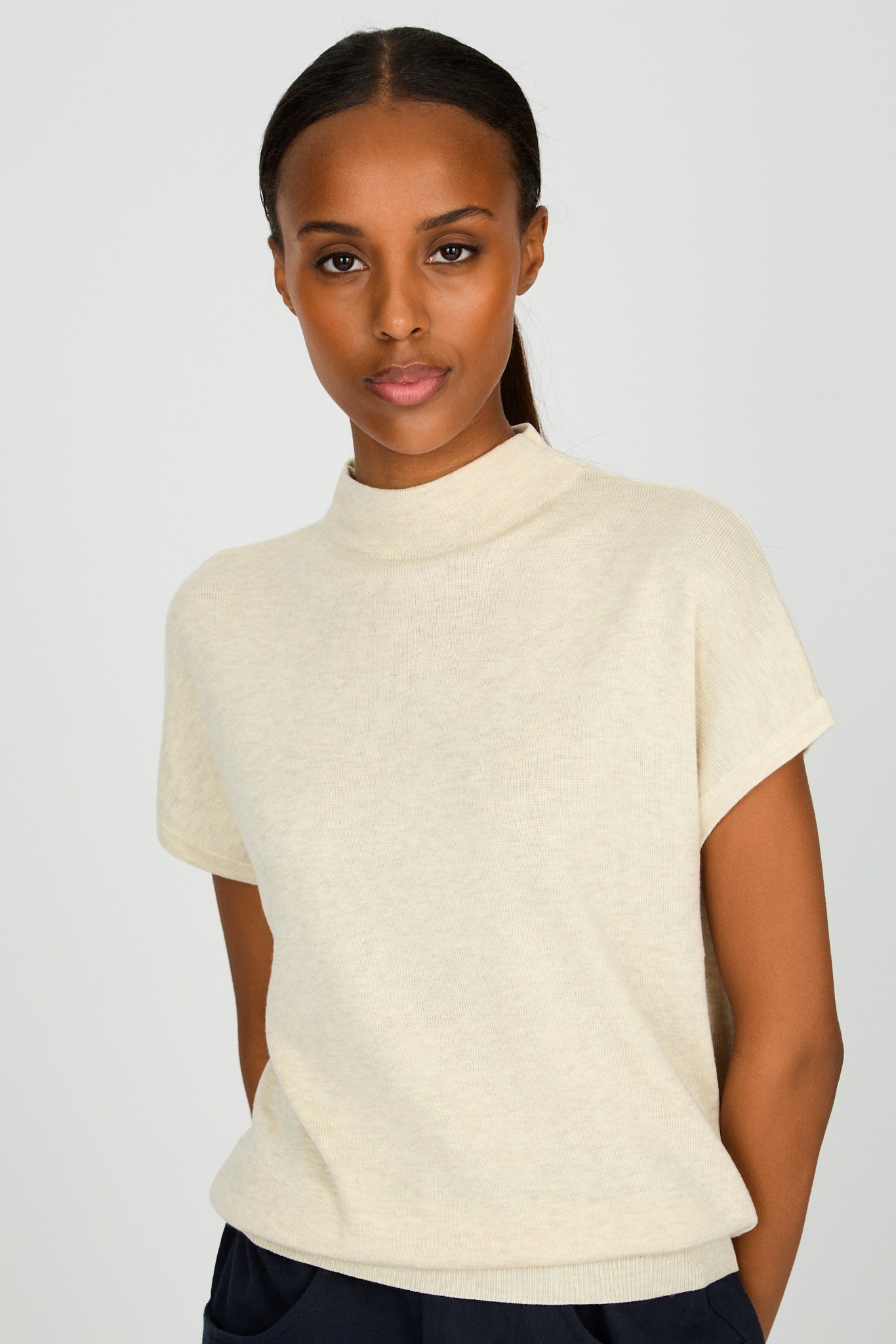 Oatmeal wool blend beige short sleeved mock neck knit top_1