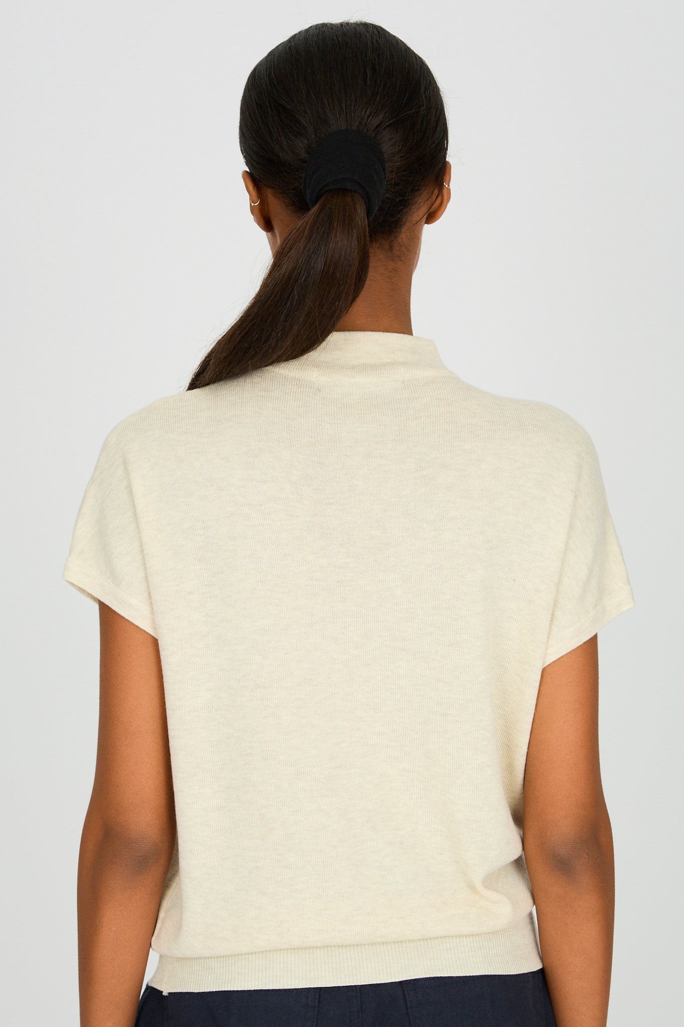 Oatmeal wool blend beige short sleeved mock neck knit top_2