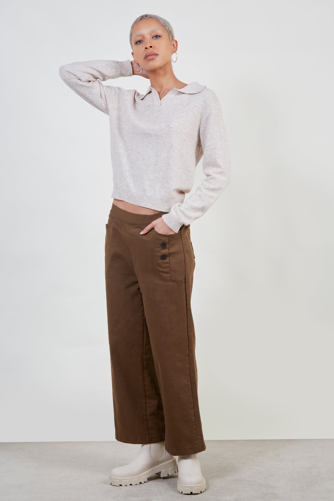 Oatmeal polo knit top_2
