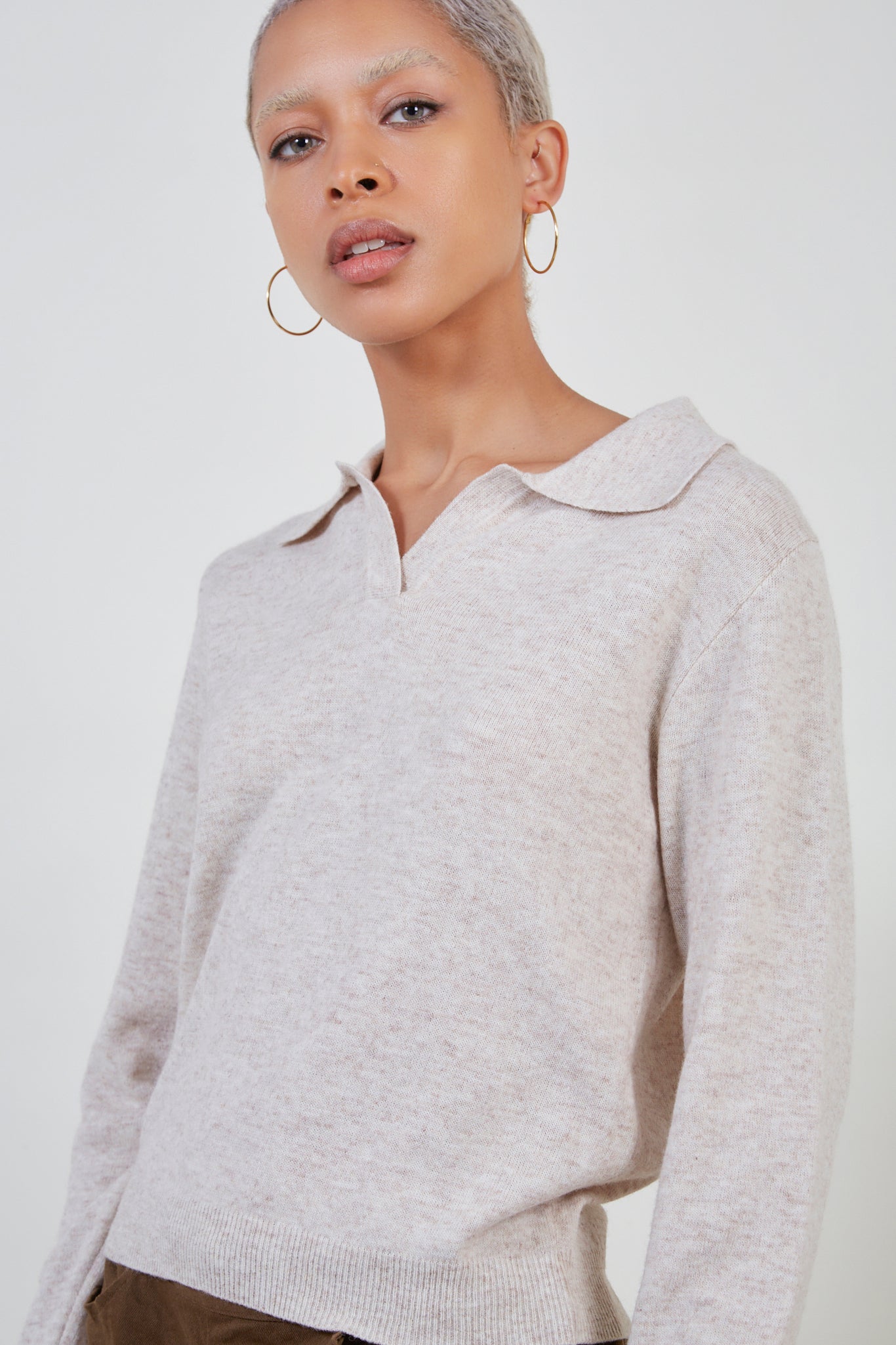 Oatmeal polo knit top_3