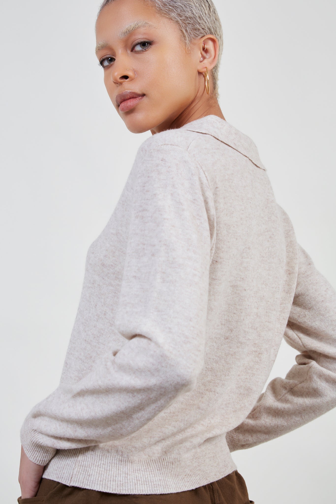 Oatmeal polo knit top_4