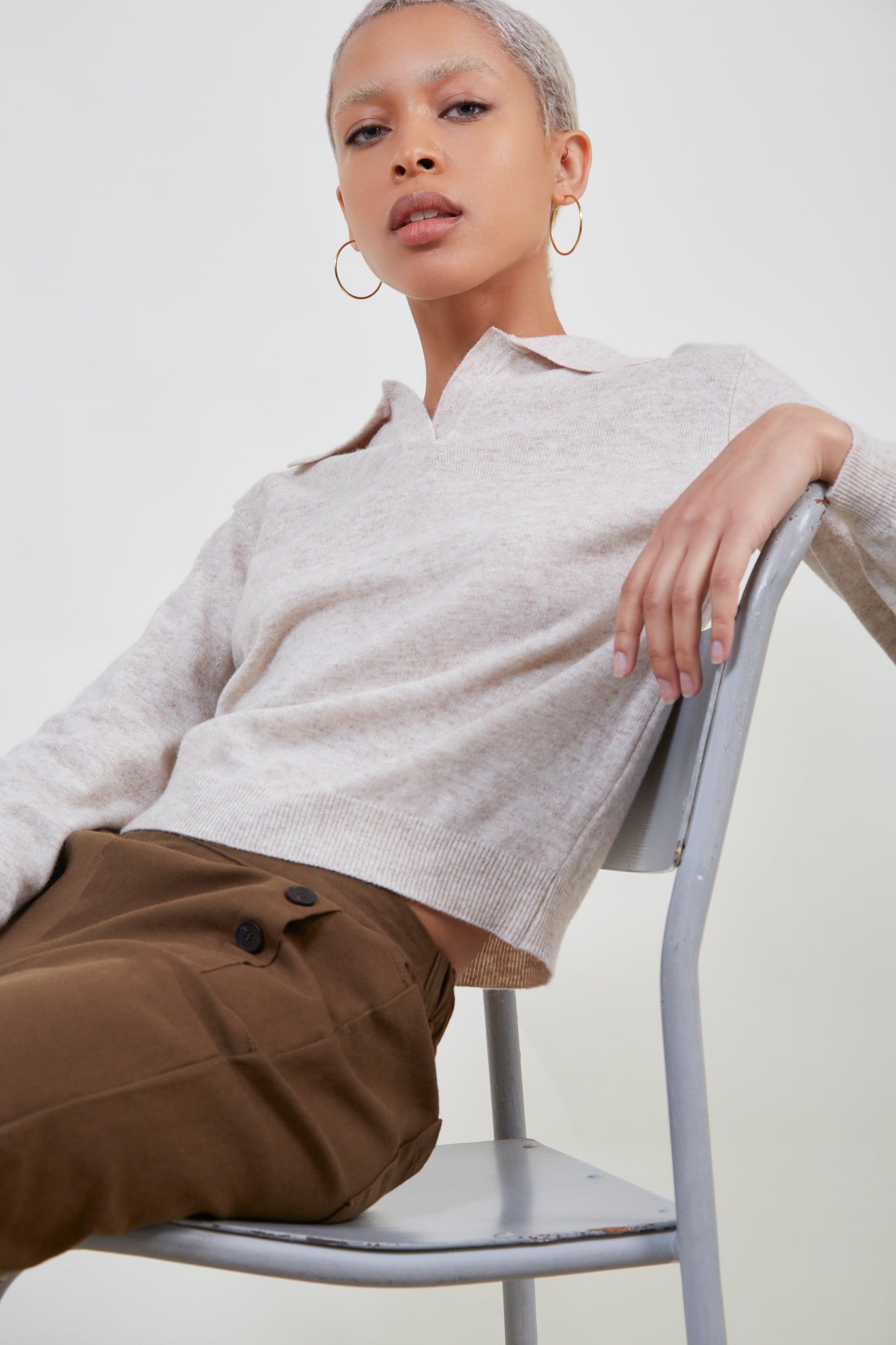 Oatmeal polo knit top_1