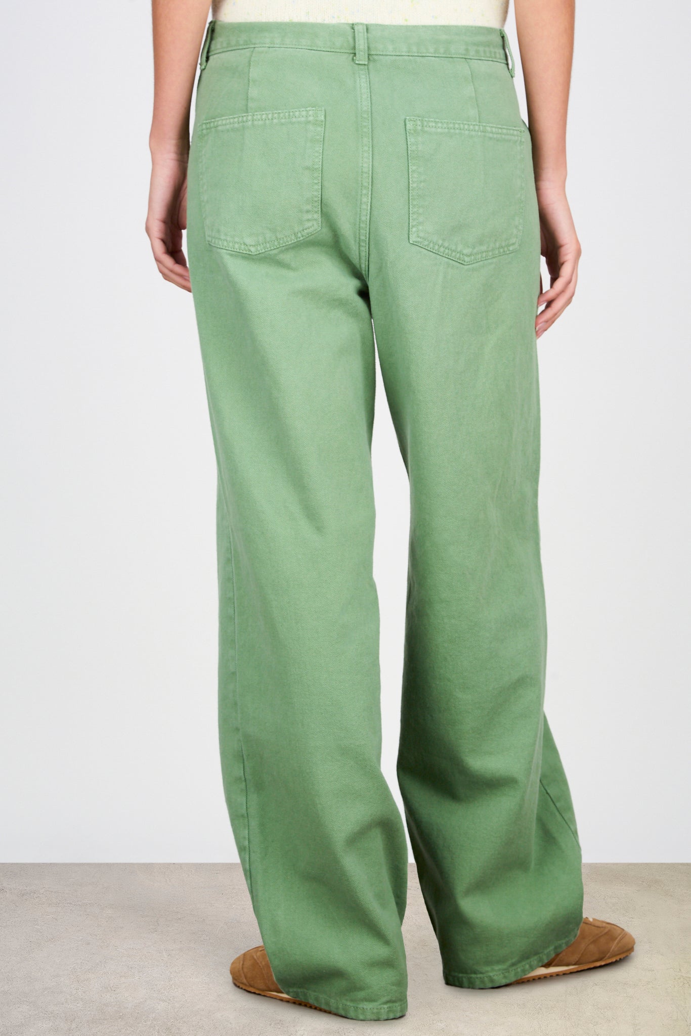 Olive green adjustable waist double button jeans_2