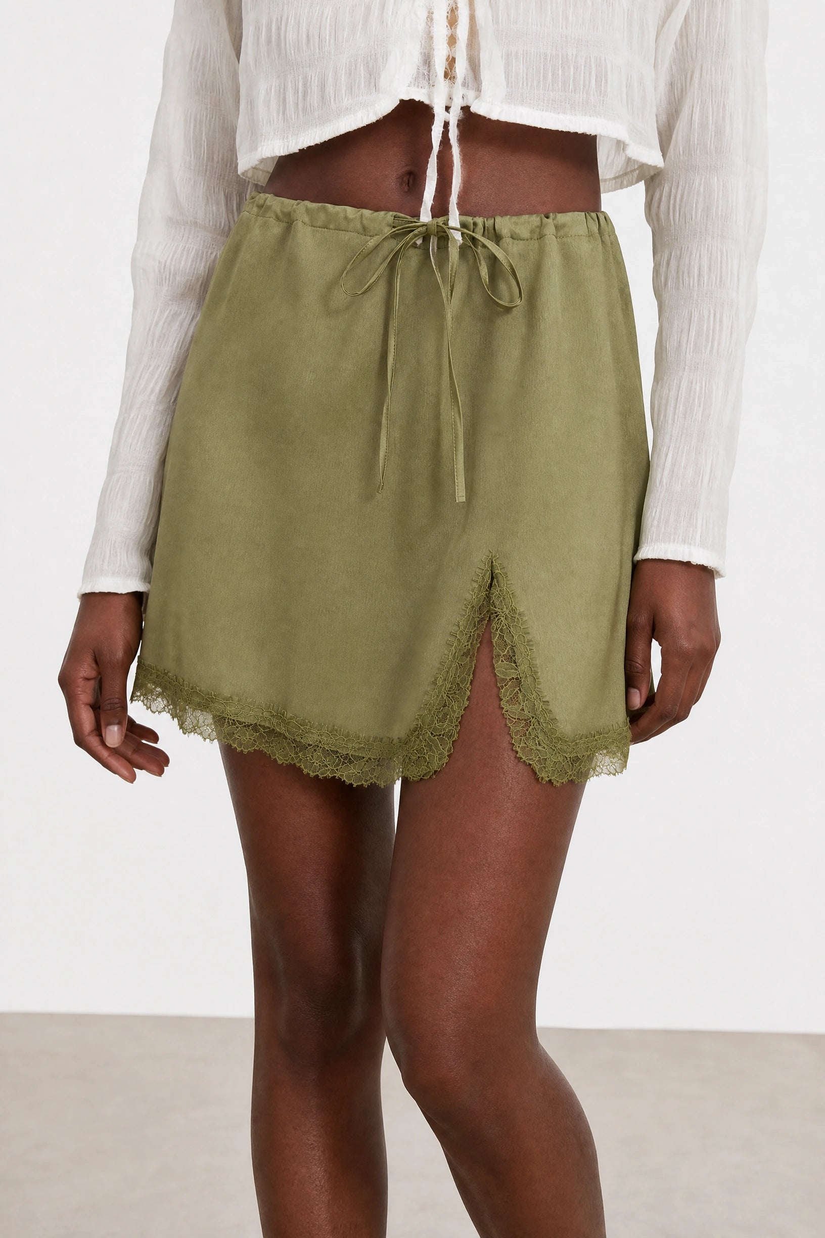 Olive green lace trim mini slip skirt_3