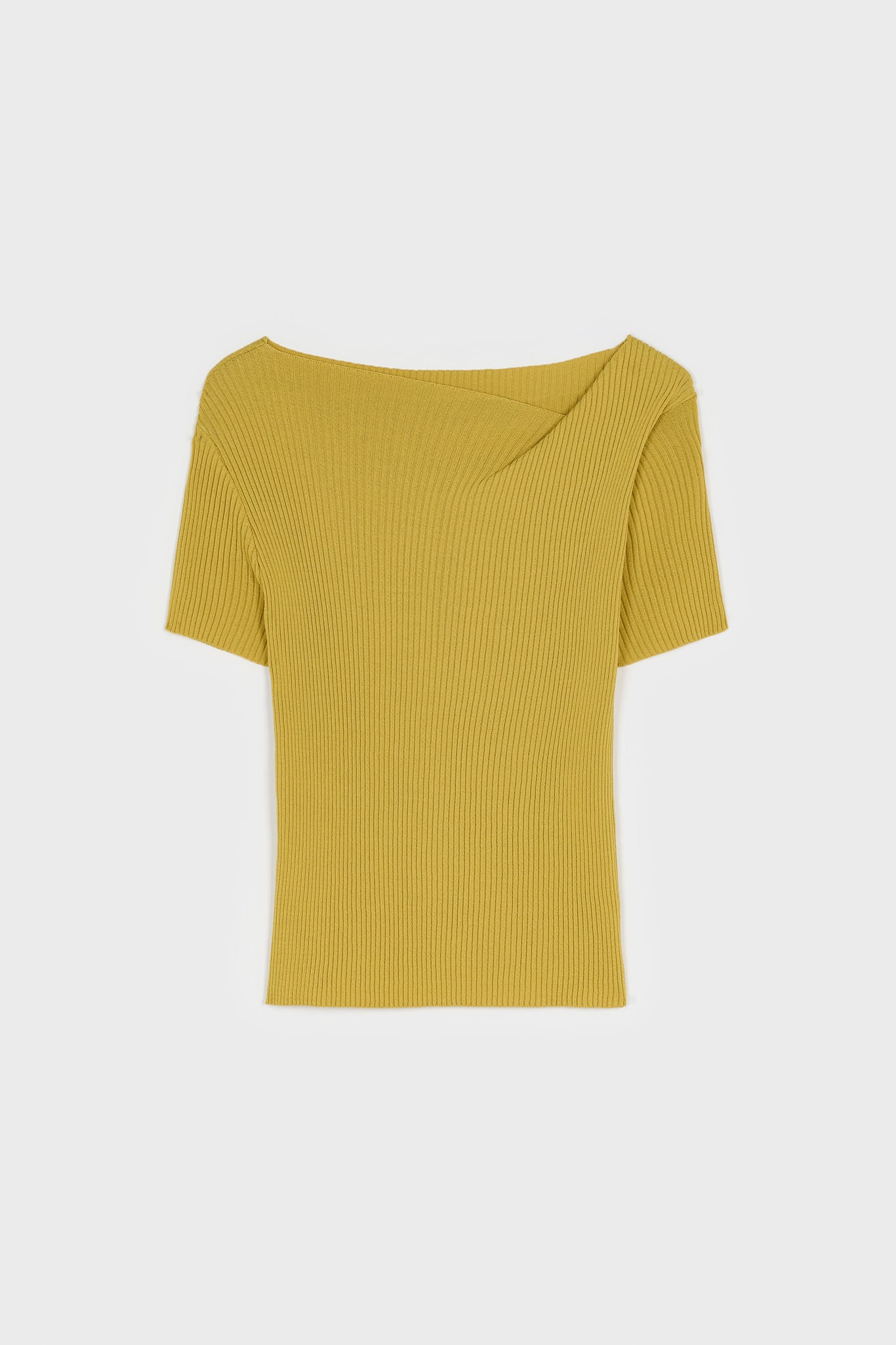 Olive green ribbed asymmetric neckline knit tee_1