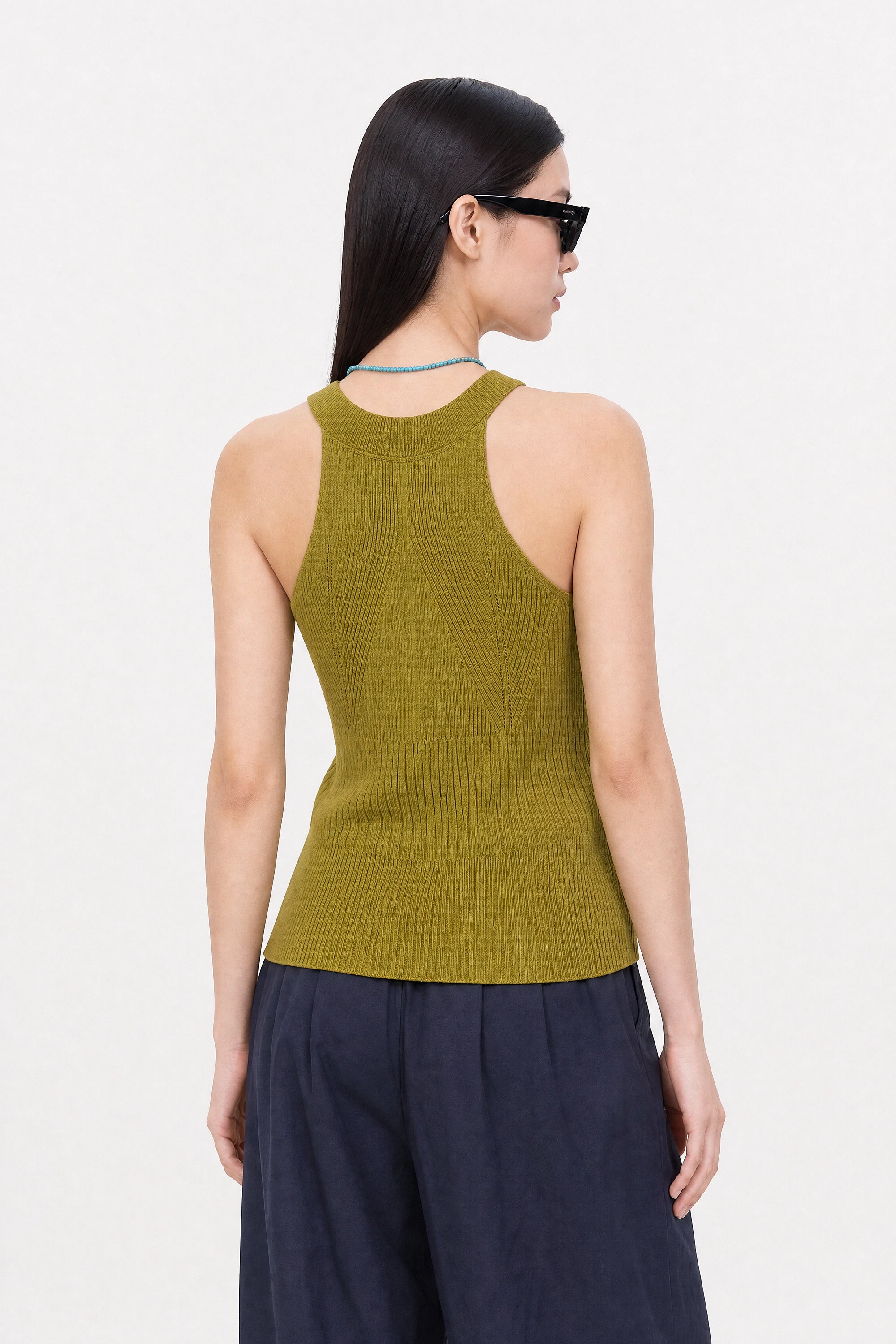 Olive green thin ribbed halter neck knit tank_3