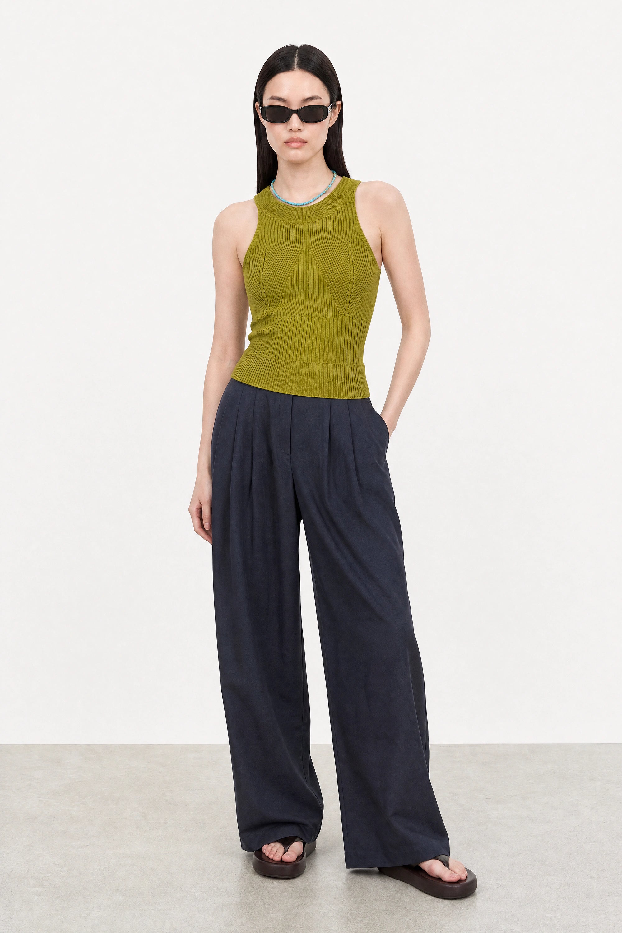 Olive green thin ribbed halter neck knit tank_5