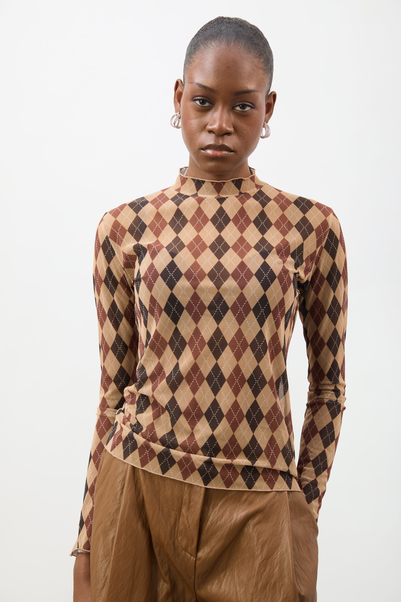 Orange brown and caramel argyle sheer long sleeve top_1