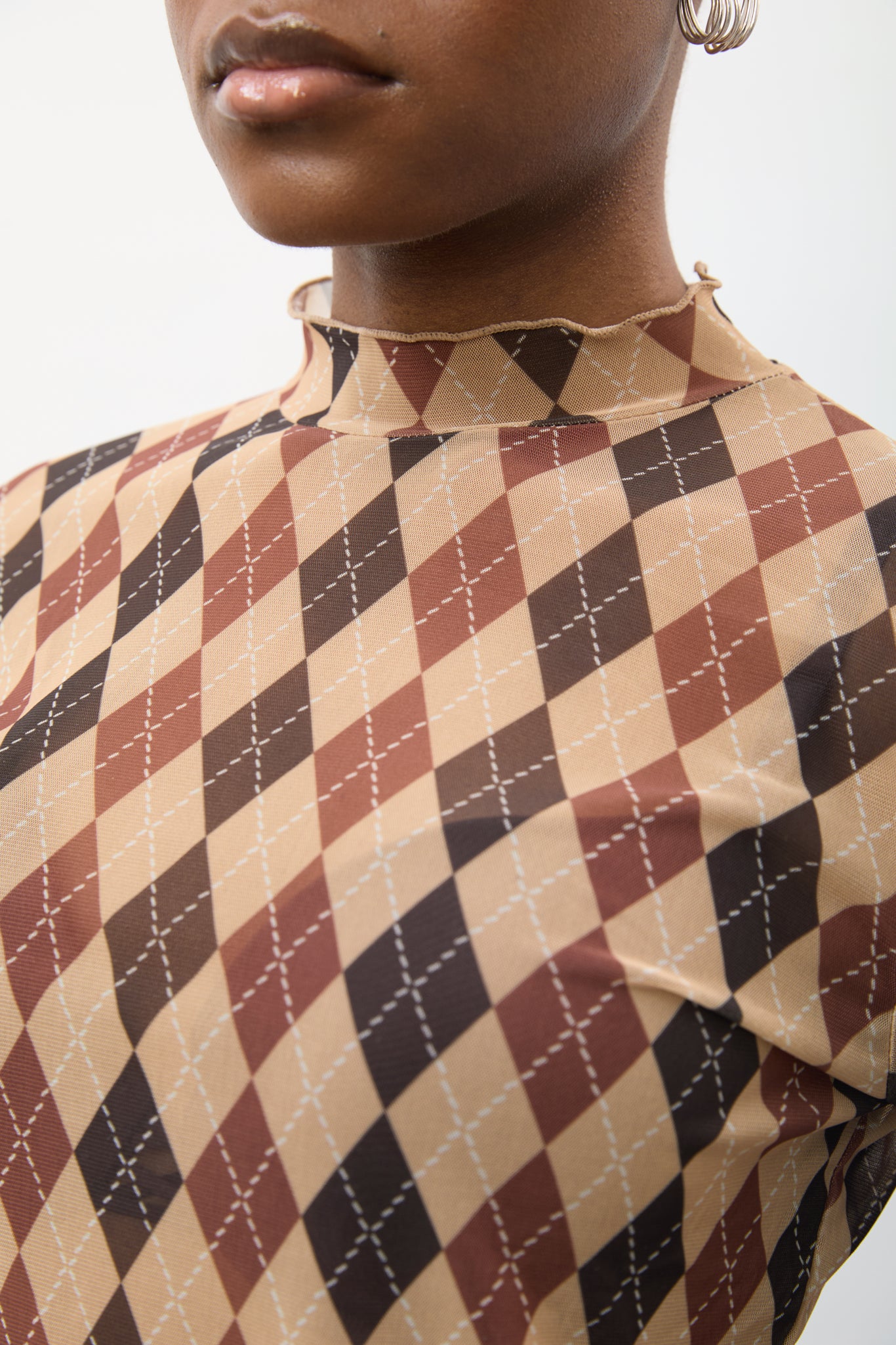 Orange brown and caramel argyle sheer long sleeve top_3