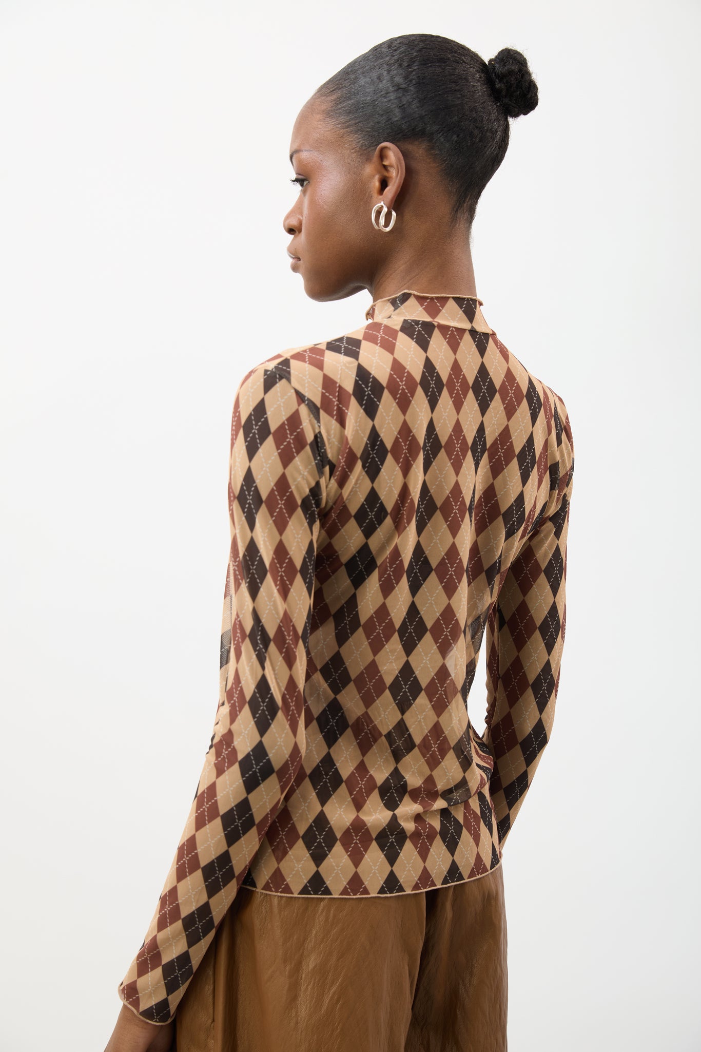 Orange brown and caramel argyle sheer long sleeve top_2
