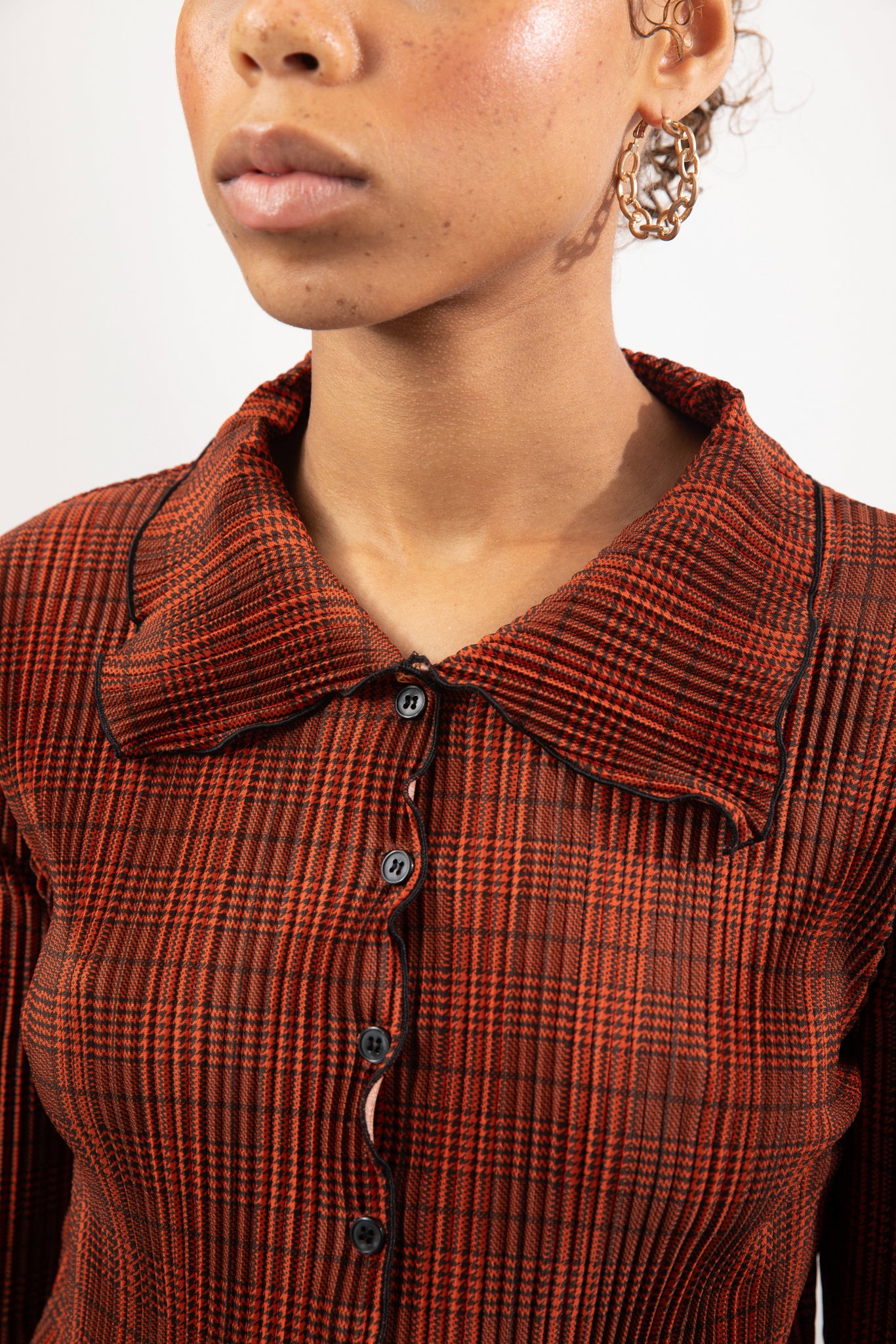 Orange plaid ribbed button up top_3