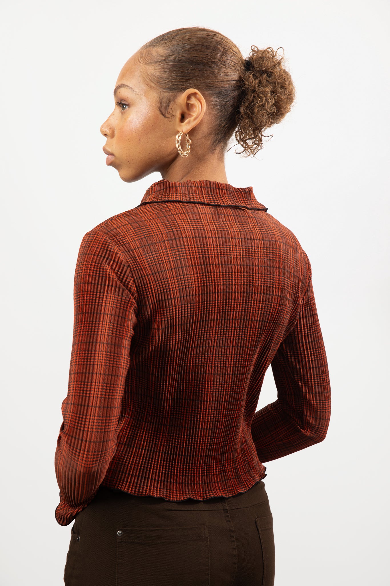 Orange plaid ribbed button up top_2