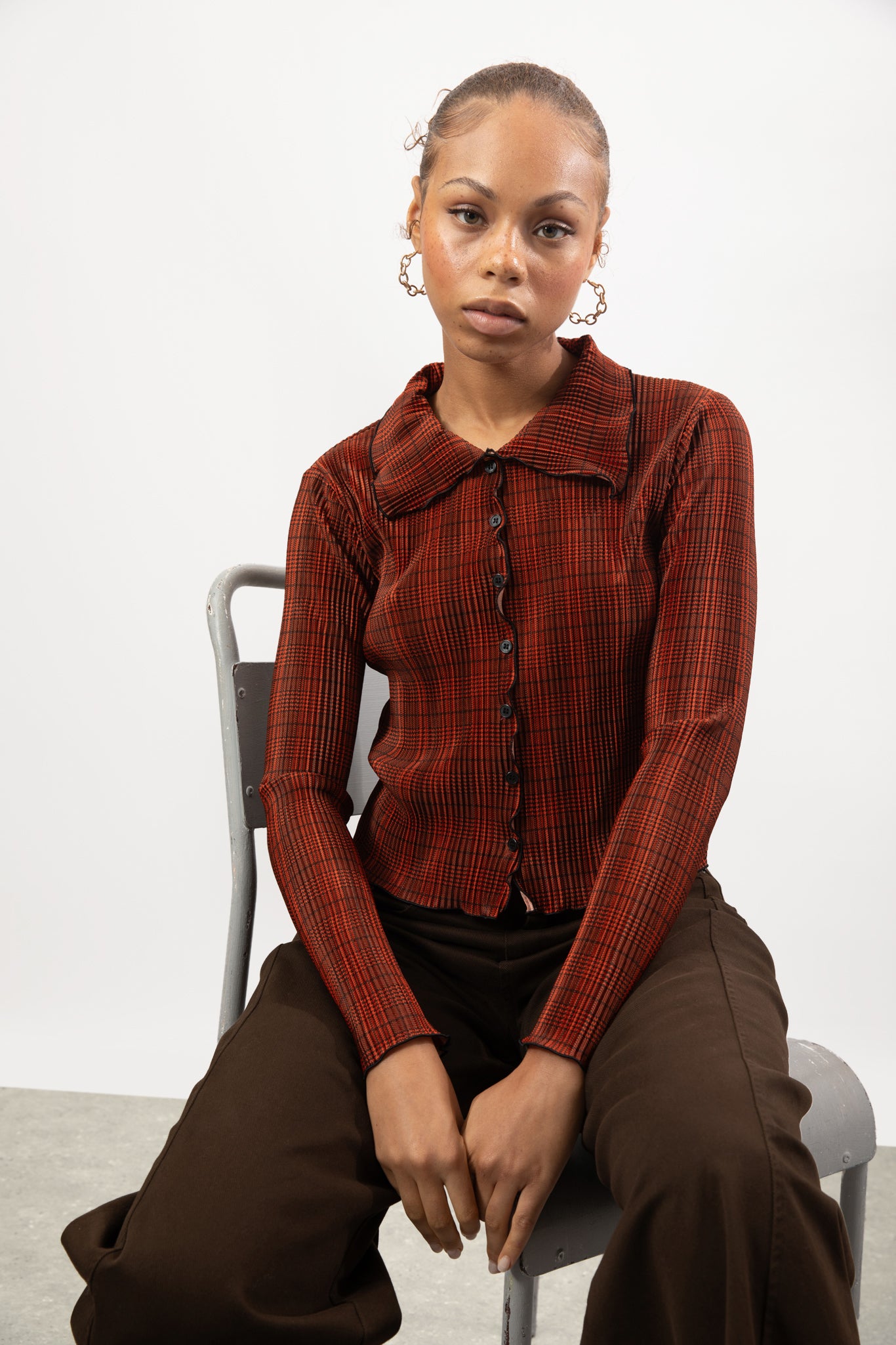 Orange plaid ribbed button up top_5