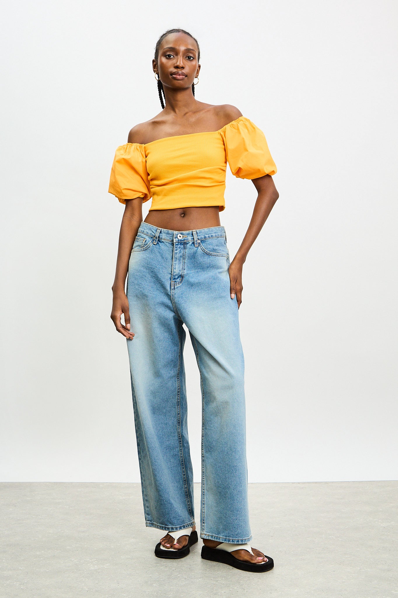 Orange ribbed jersey contrast puff sleeve top_4