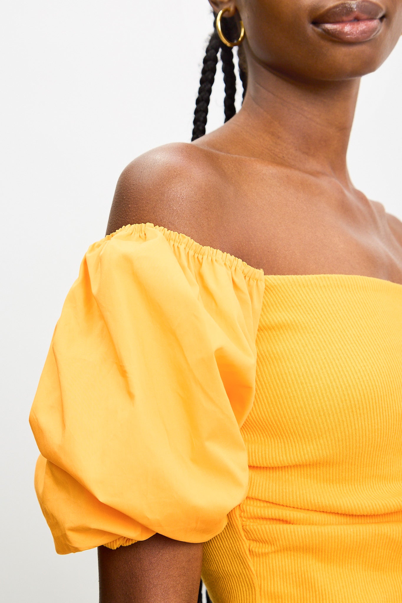 Orange ribbed jersey contrast puff sleeve top_3