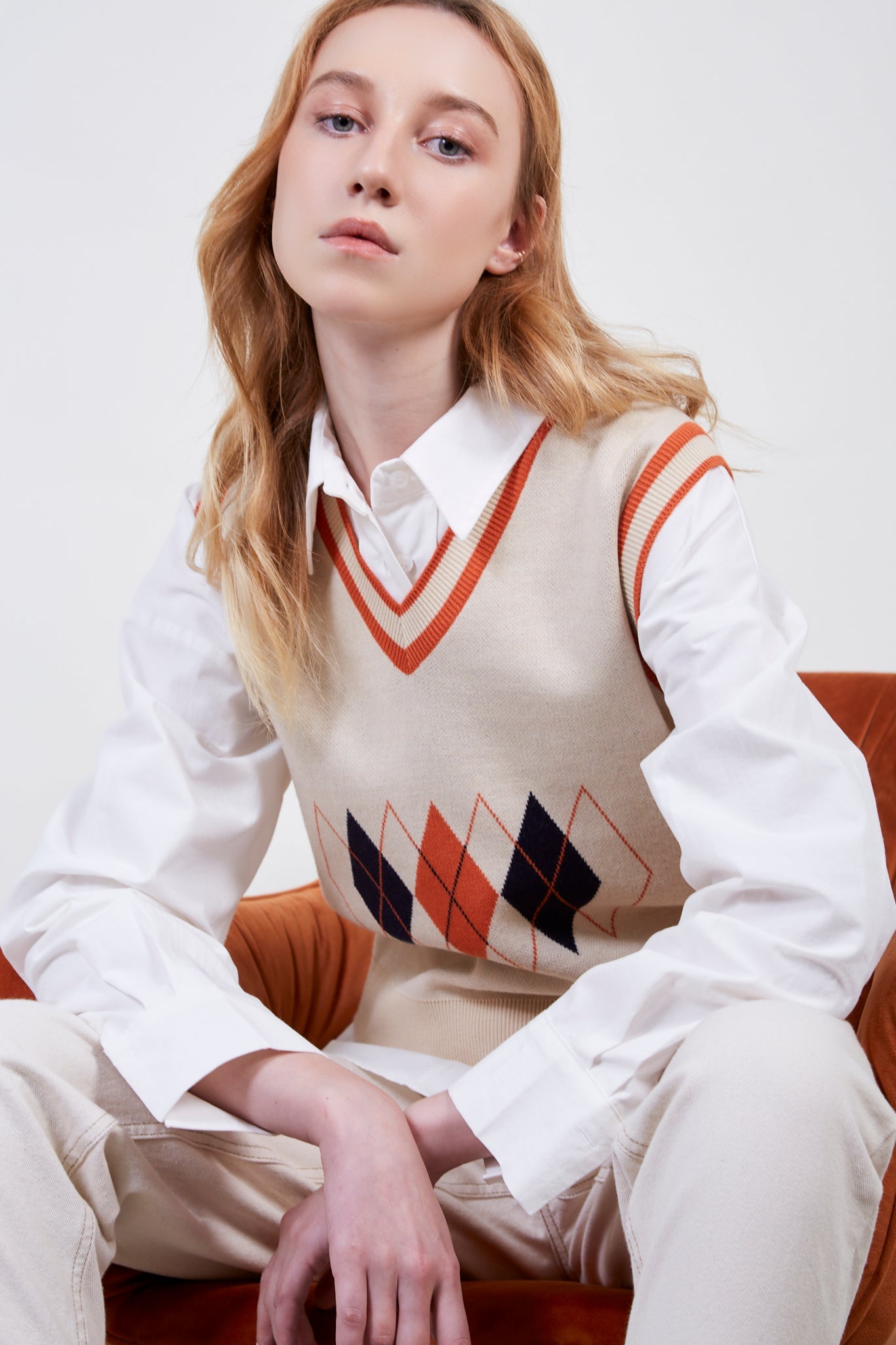 Orange varsity trim argyle vest_2