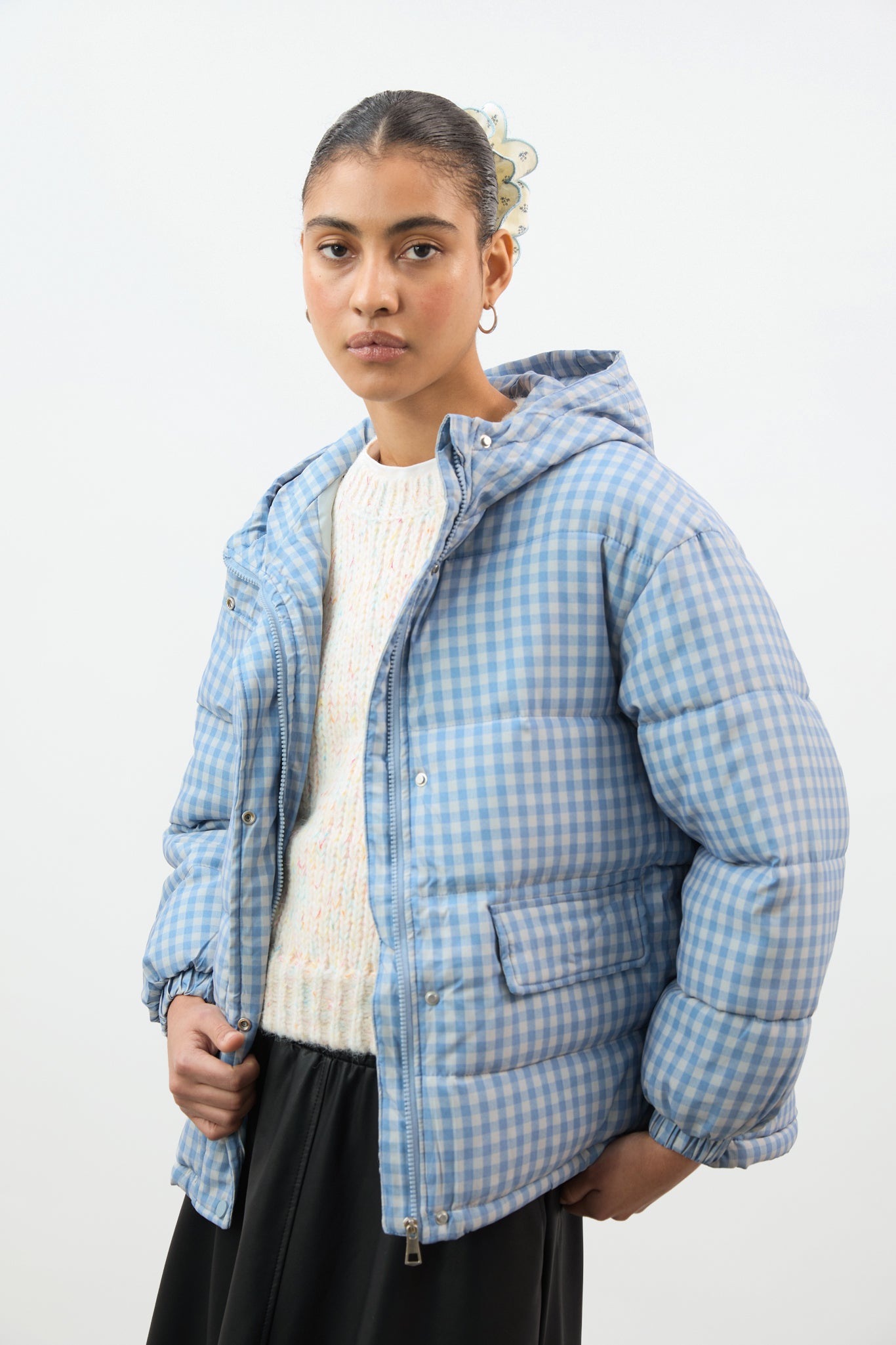 Pale blue and ivory gingham hooded puffer coat_2