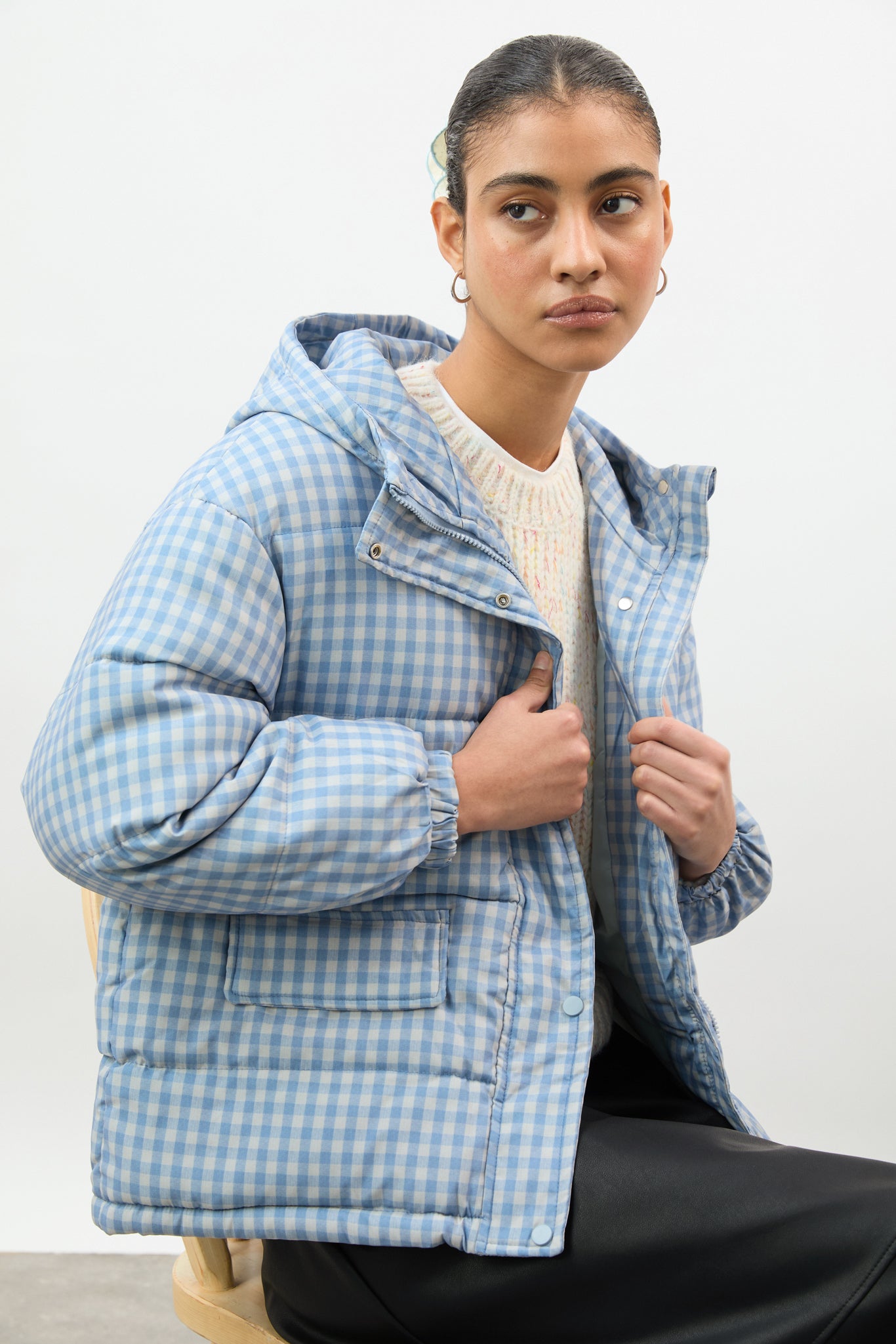 Pale blue and ivory gingham hooded puffer coat_6