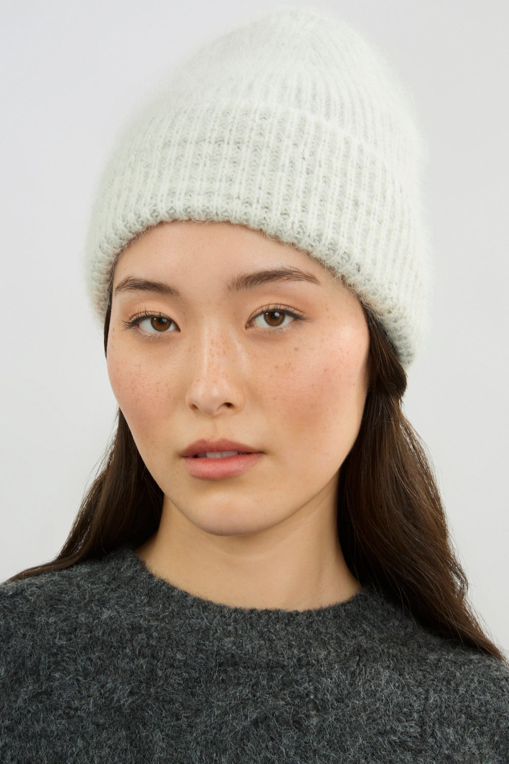 Pale grey ribbed angora blend beanie hat_1