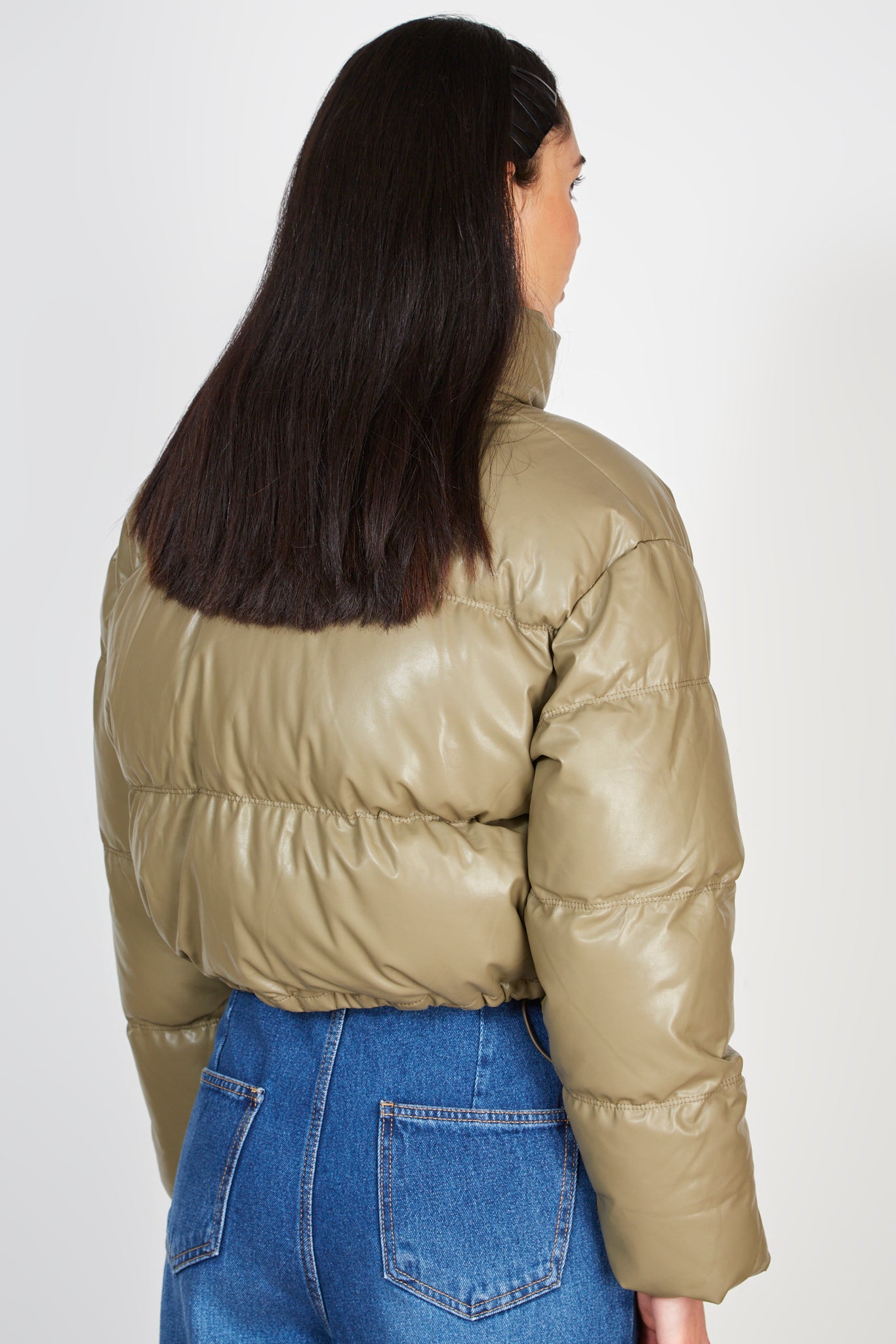 Pale khaki vegan leather puffer jacket