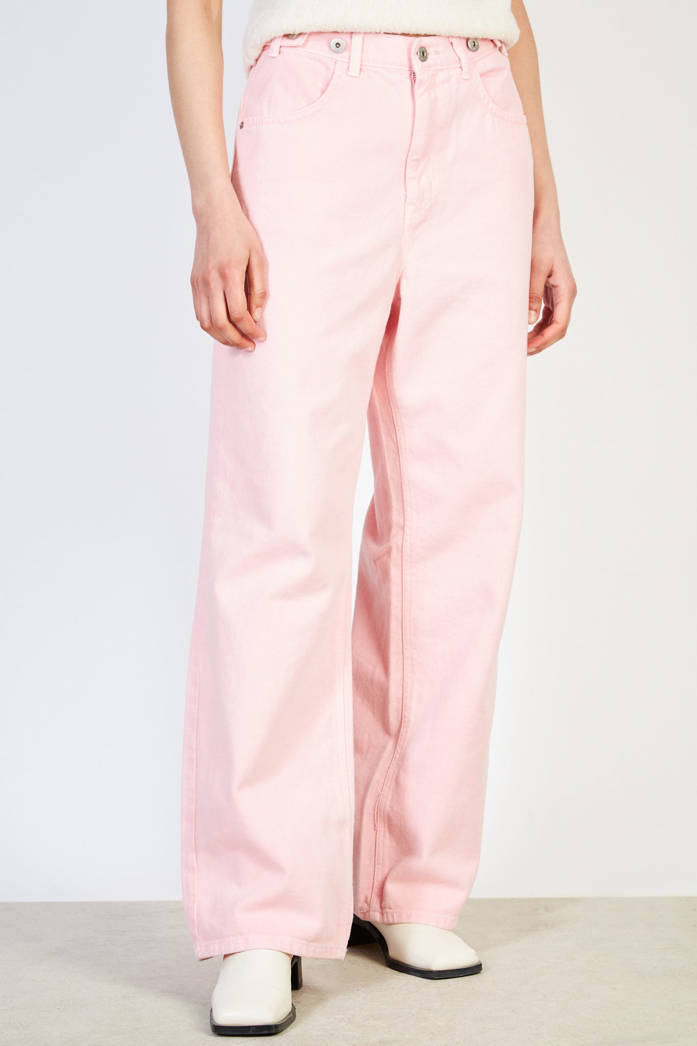 Pale pink adjustable waist double button jeans_1