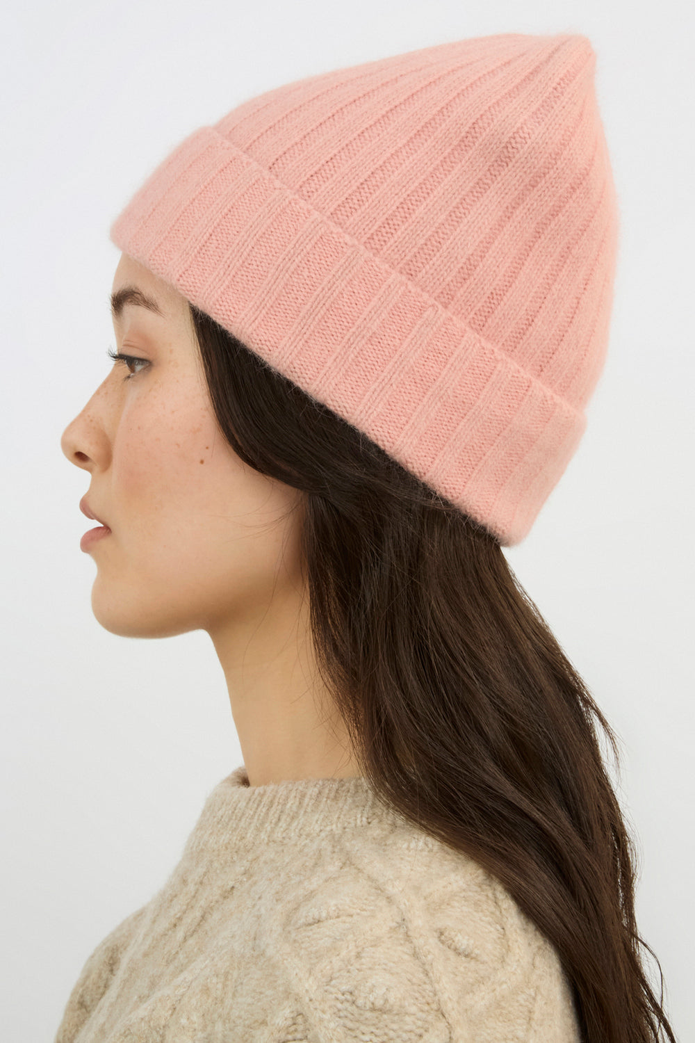 Pale pink angora wool blend large ribbed beanie hat_4
