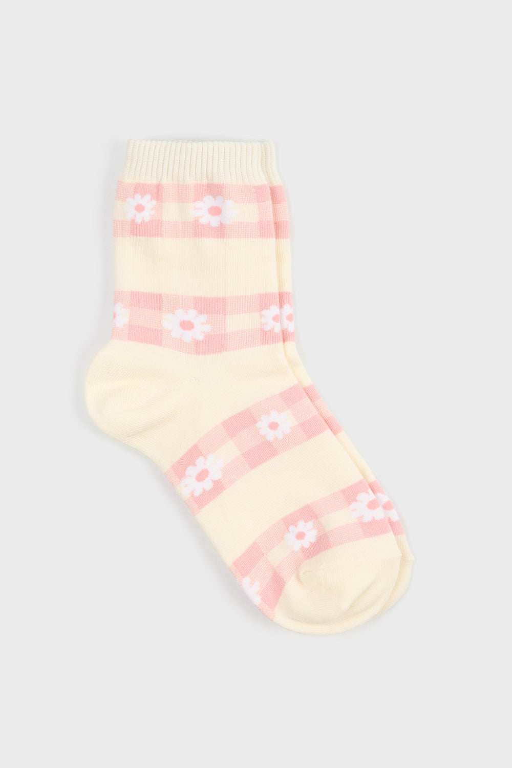 Pale pink daisy gingham striped socks_3