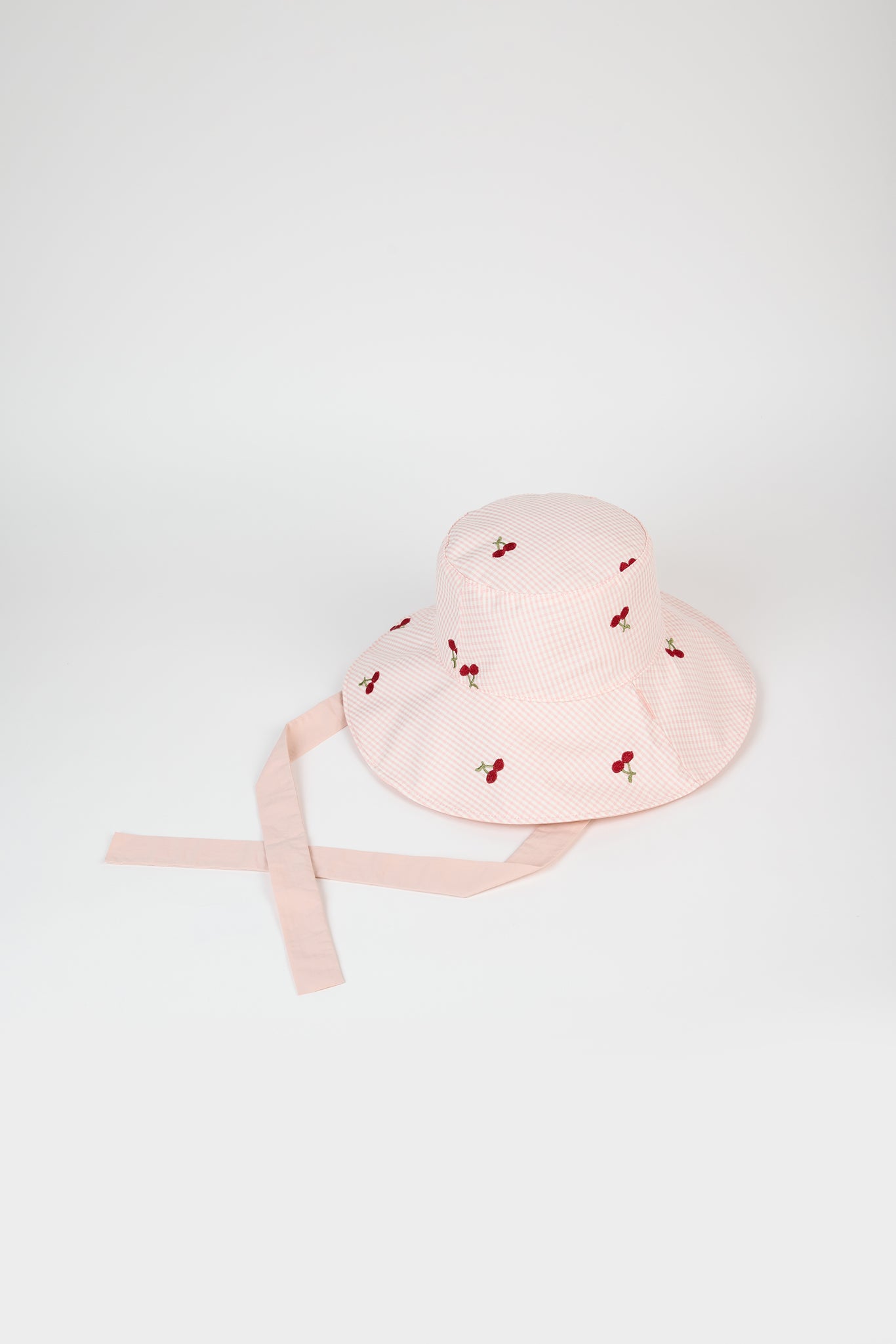 Pale pink gingham embroidered cherry reversible sun hat_2
