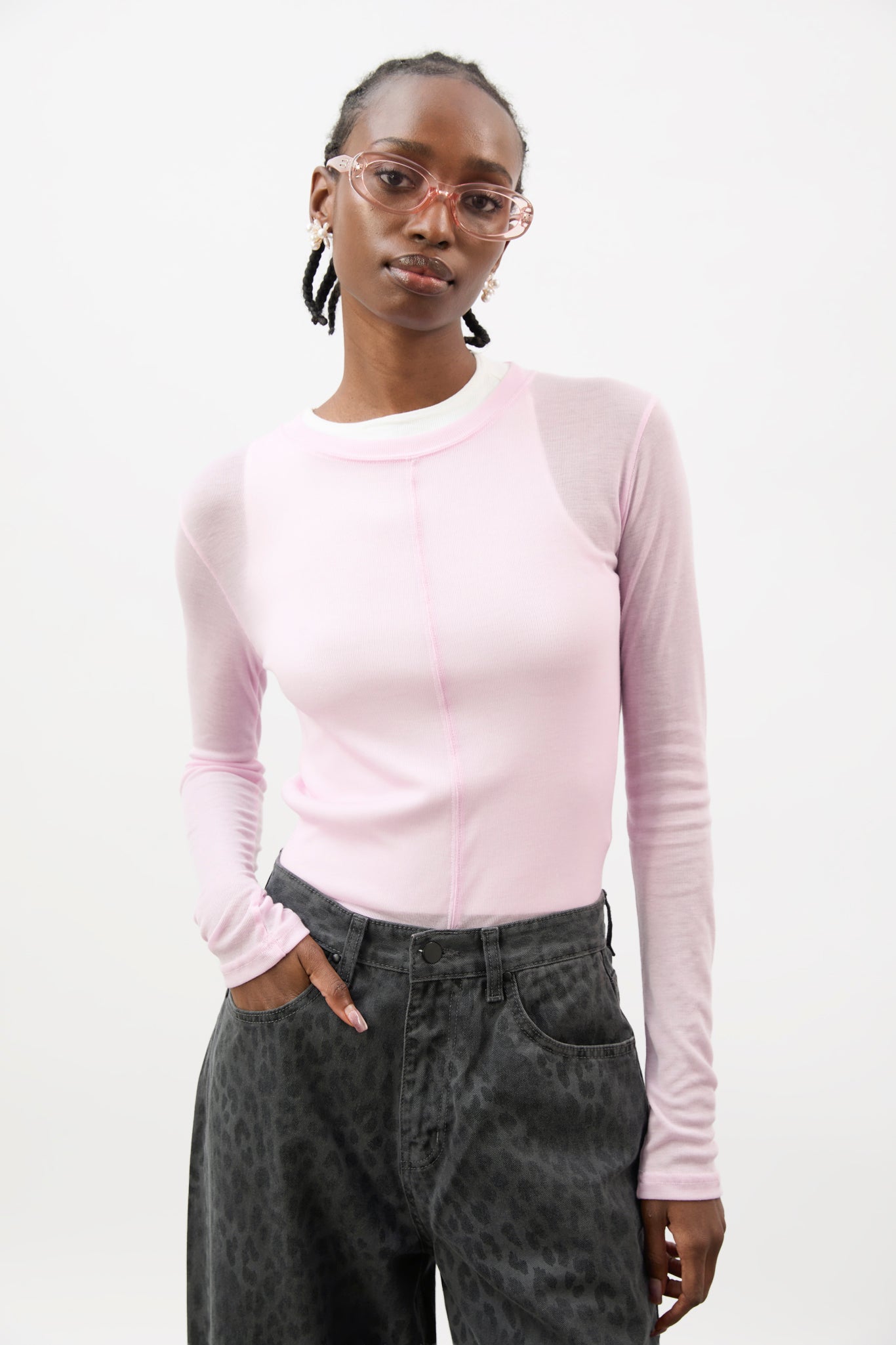 Pale pink semi sheer jersey long sleeve top_1