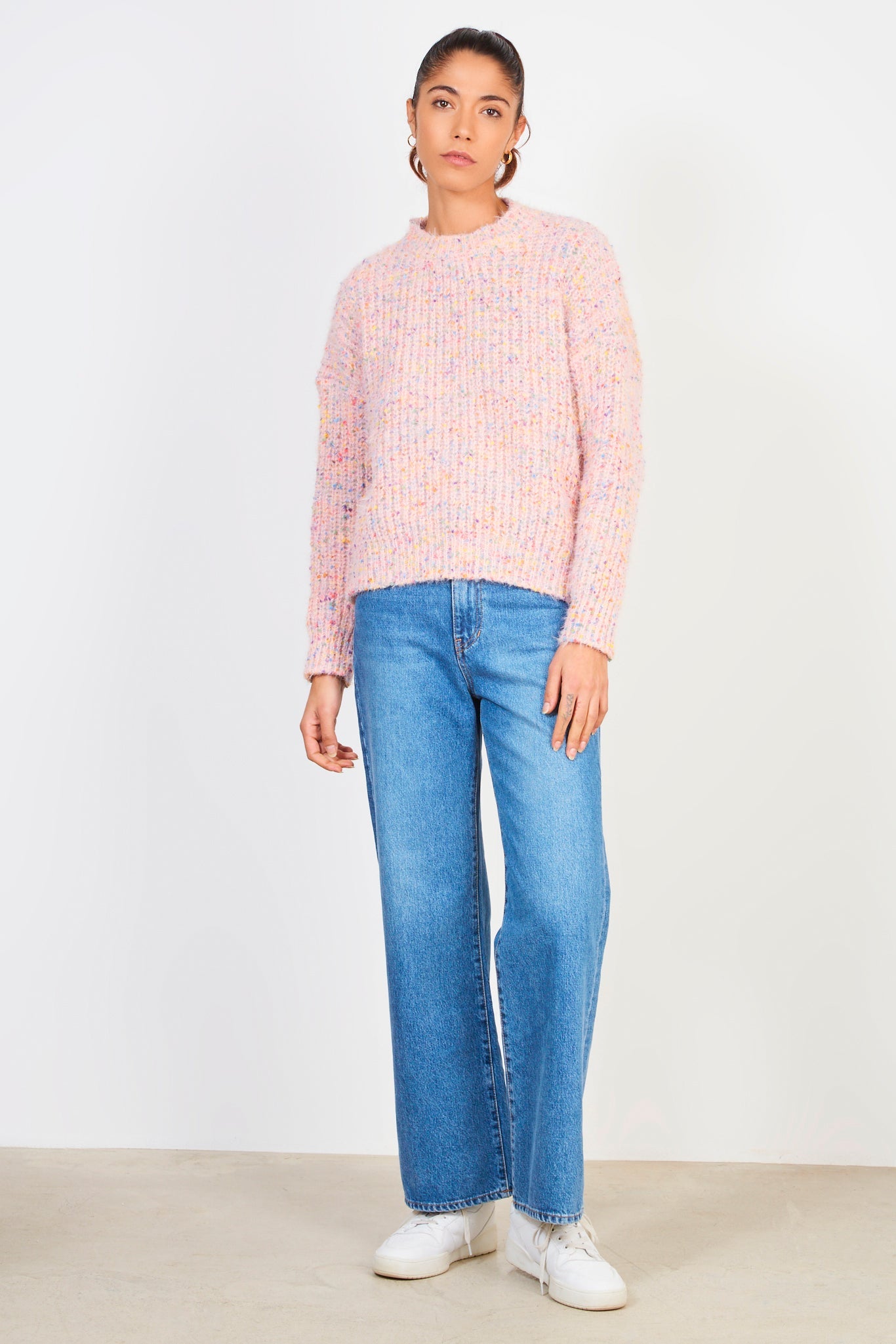 Pale pink bold fuzzy rainbow fleck crew neck jumper_3