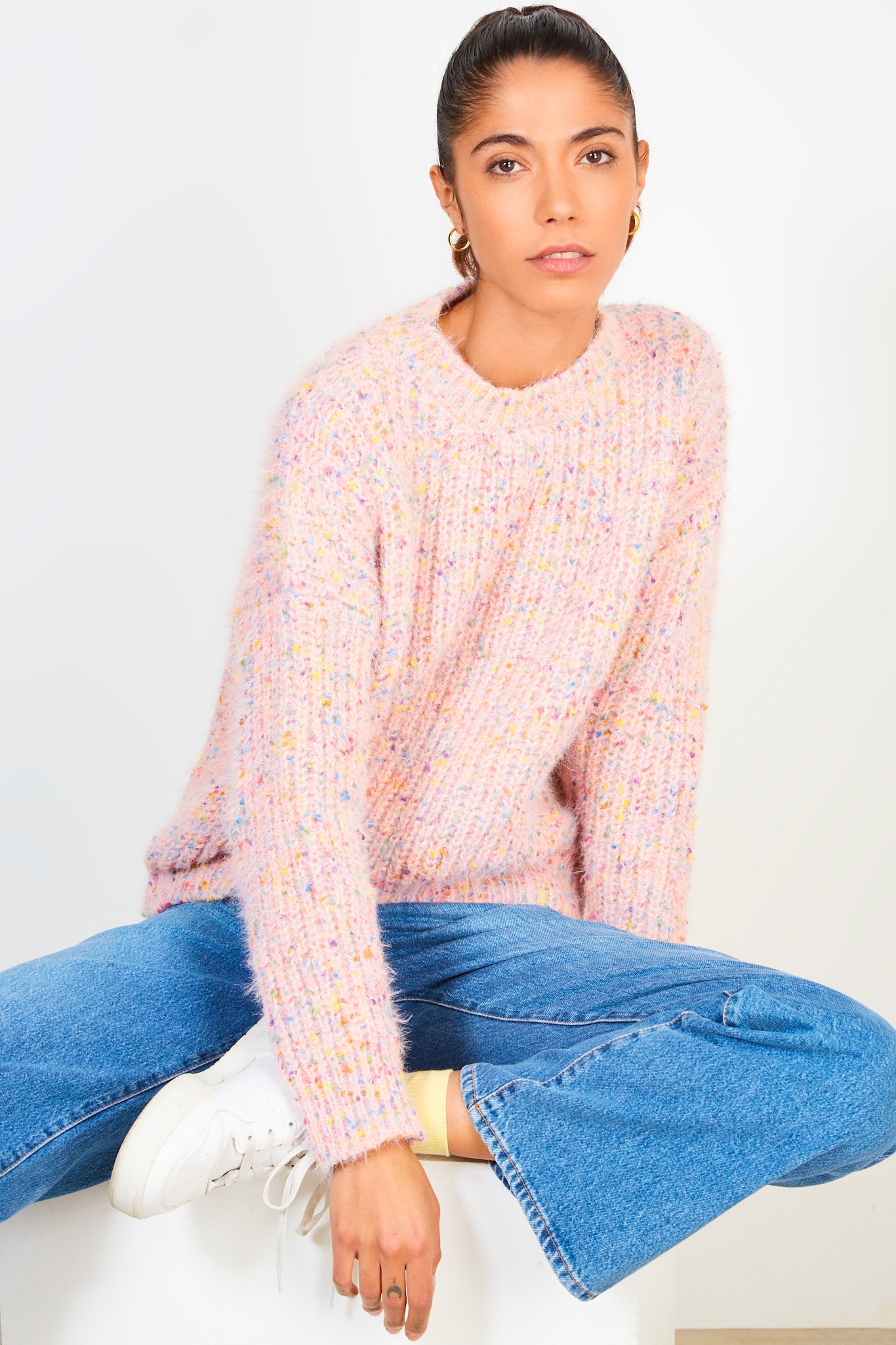 Pale pink bold fuzzy rainbow fleck crew neck jumper_5