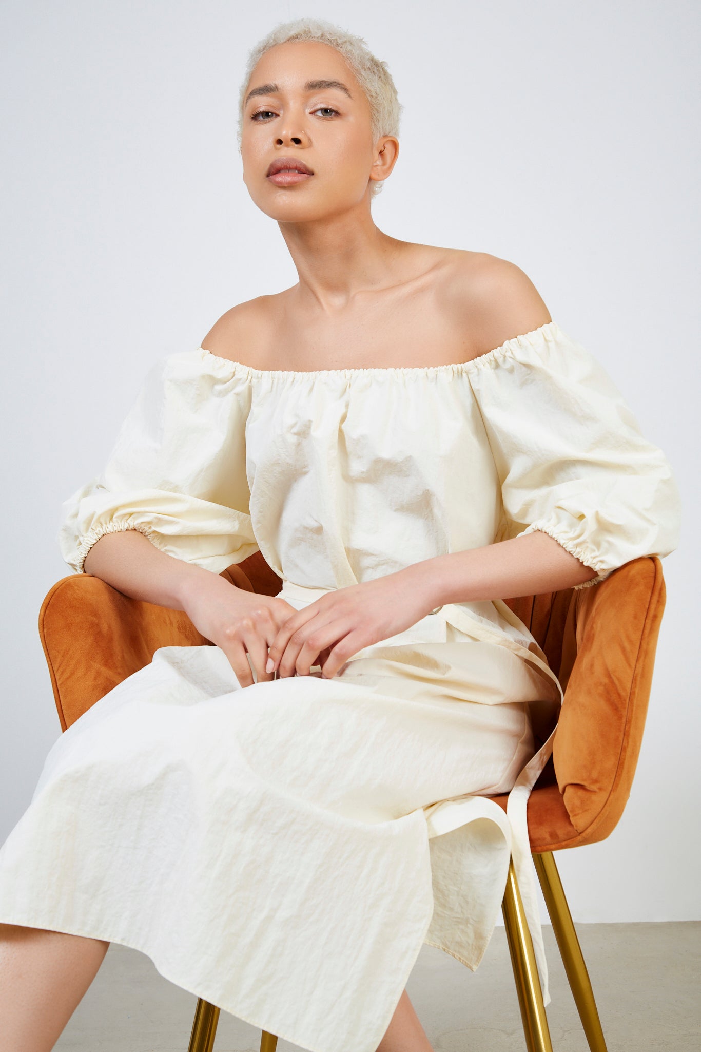 Pale yellow puff sleeve belted off shoulder dress_5