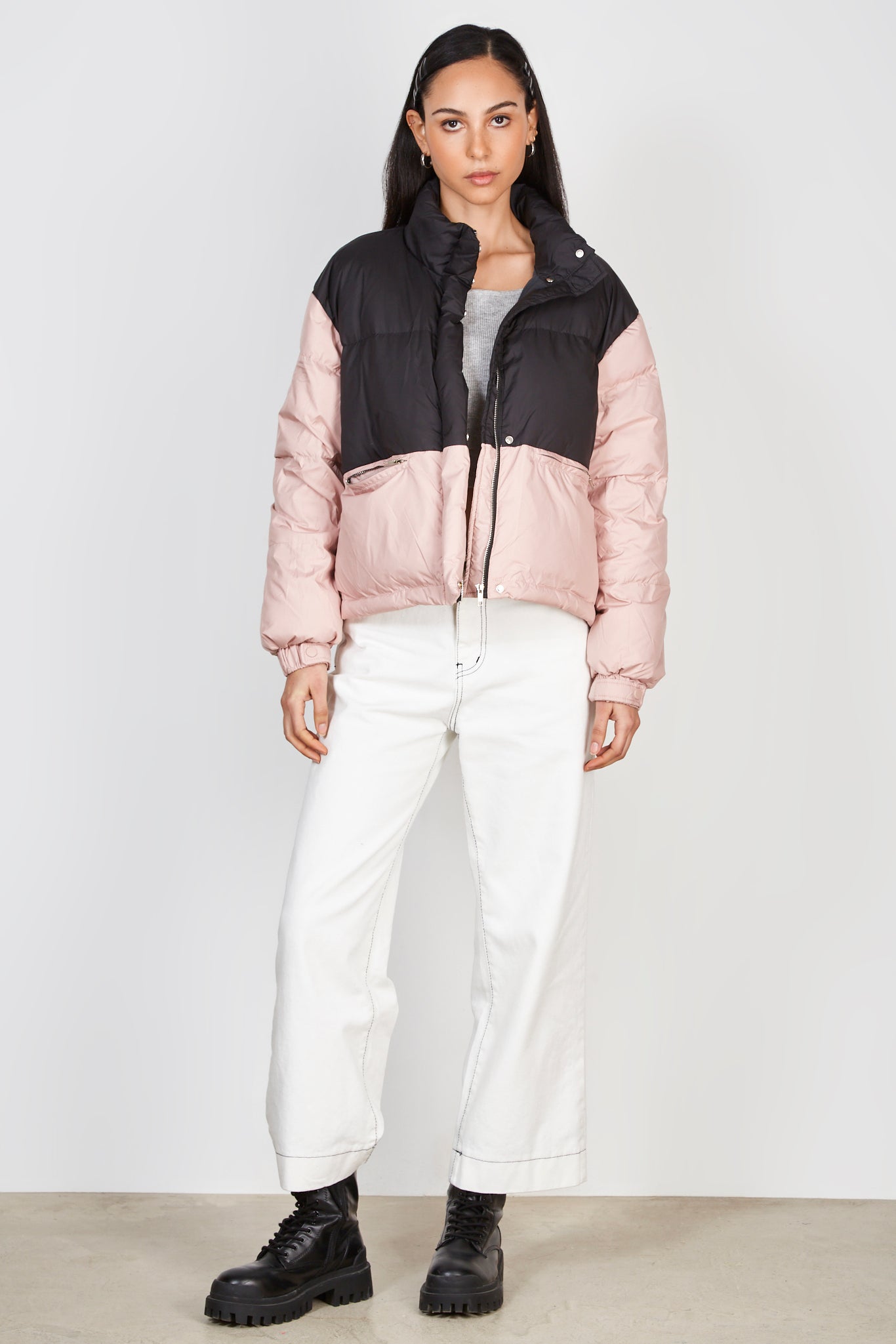 Pink and black colour block duck down puffer coat_5
