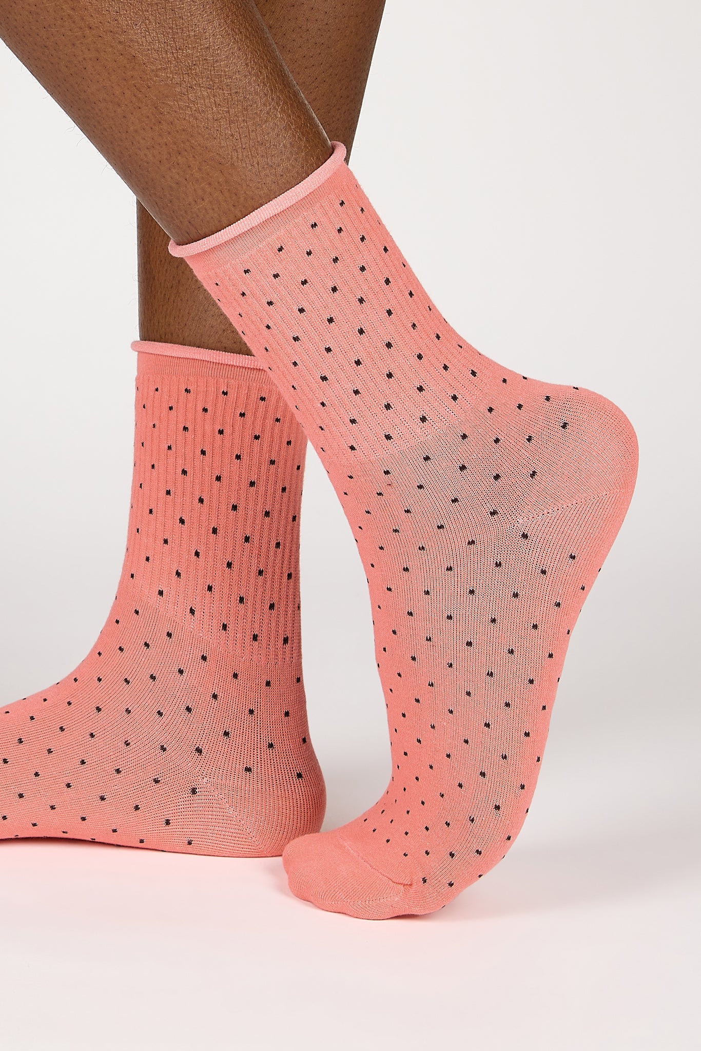 Pink and black polka dot roll trim socks_1