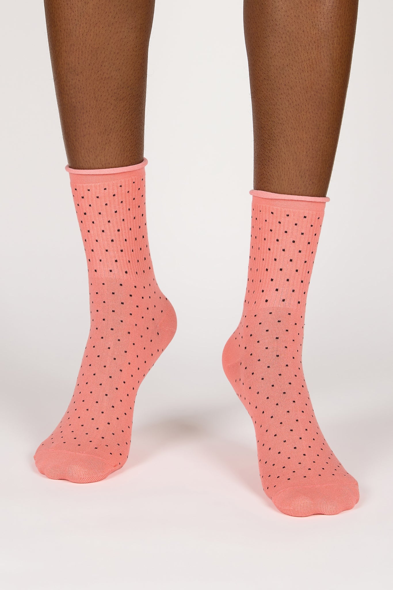 Pink and black polka dot roll trim socks_2