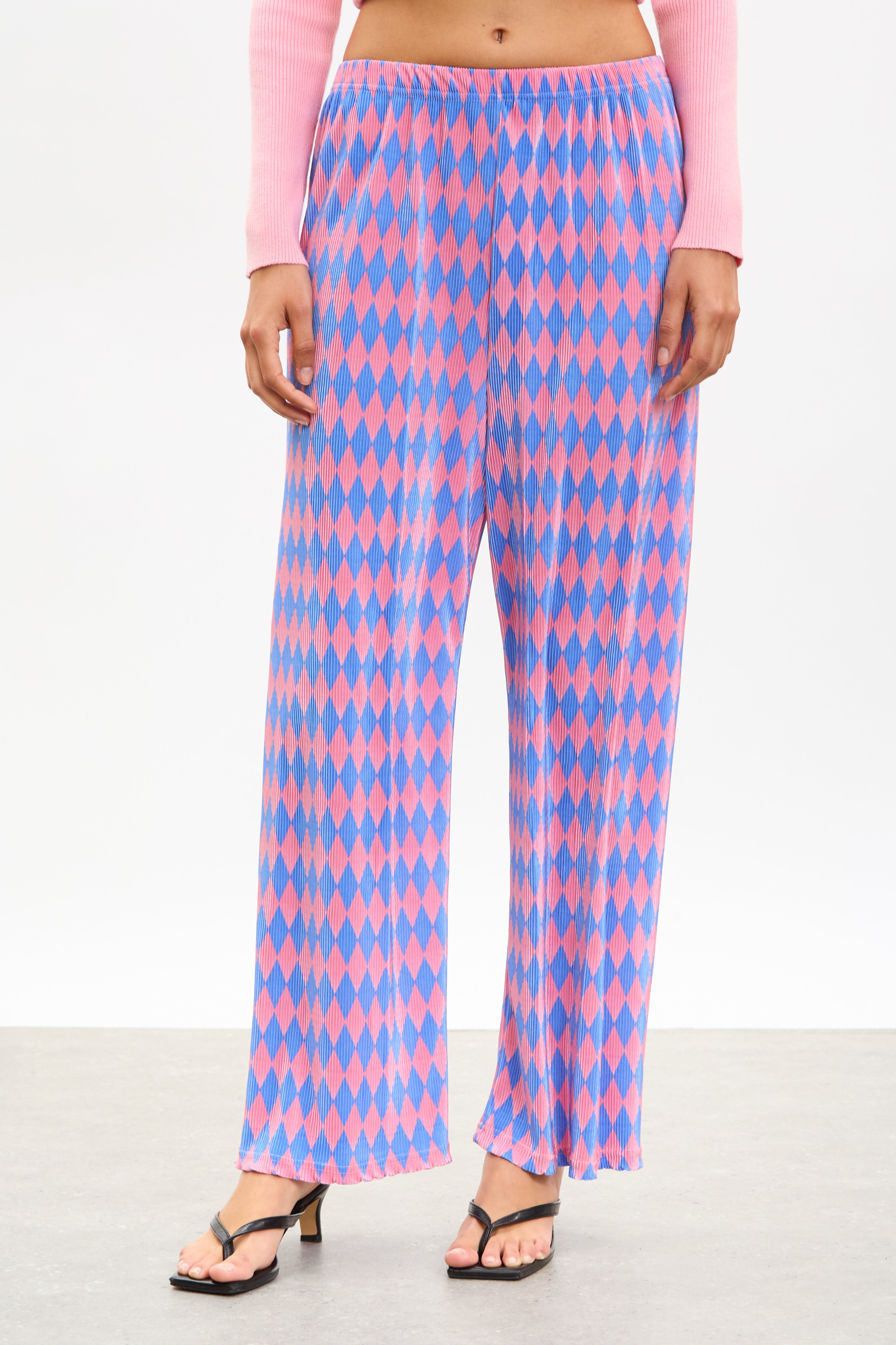 Pink and blue diamond micro pleated trousers_1
