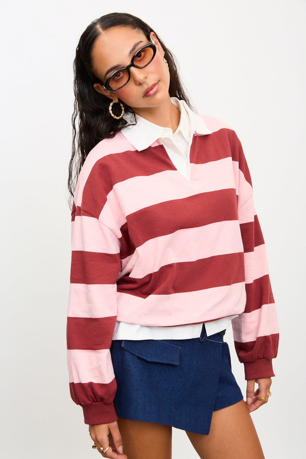 Pink and burgundy thick block striped rugby shirt_2