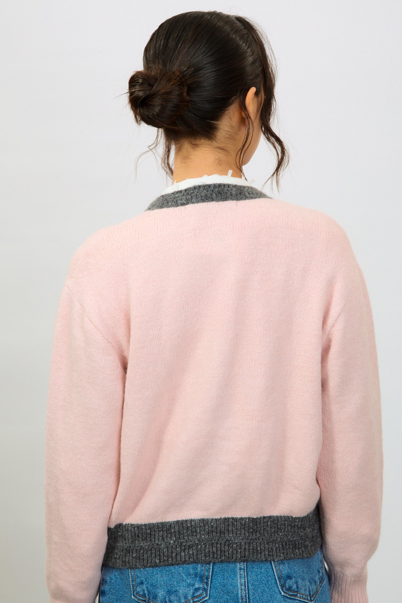 Pink and charcoal contrast trim cardigan_2